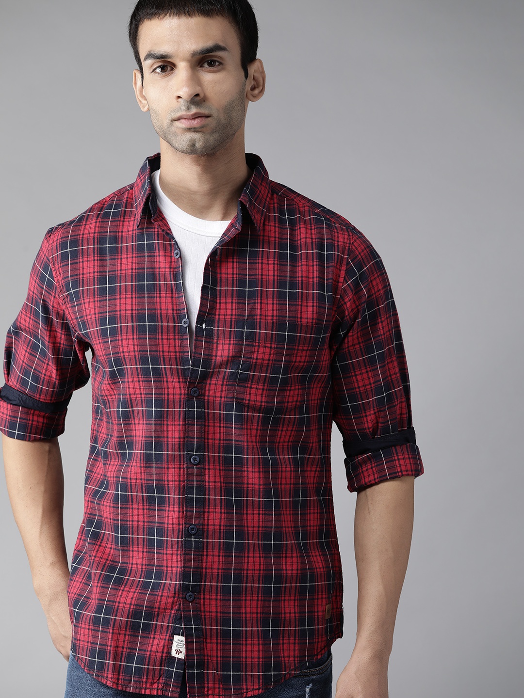 

Roadster Men Red & Navy Blue Cotton Tartan Checks Opaque Sustainable Casual Shirt
