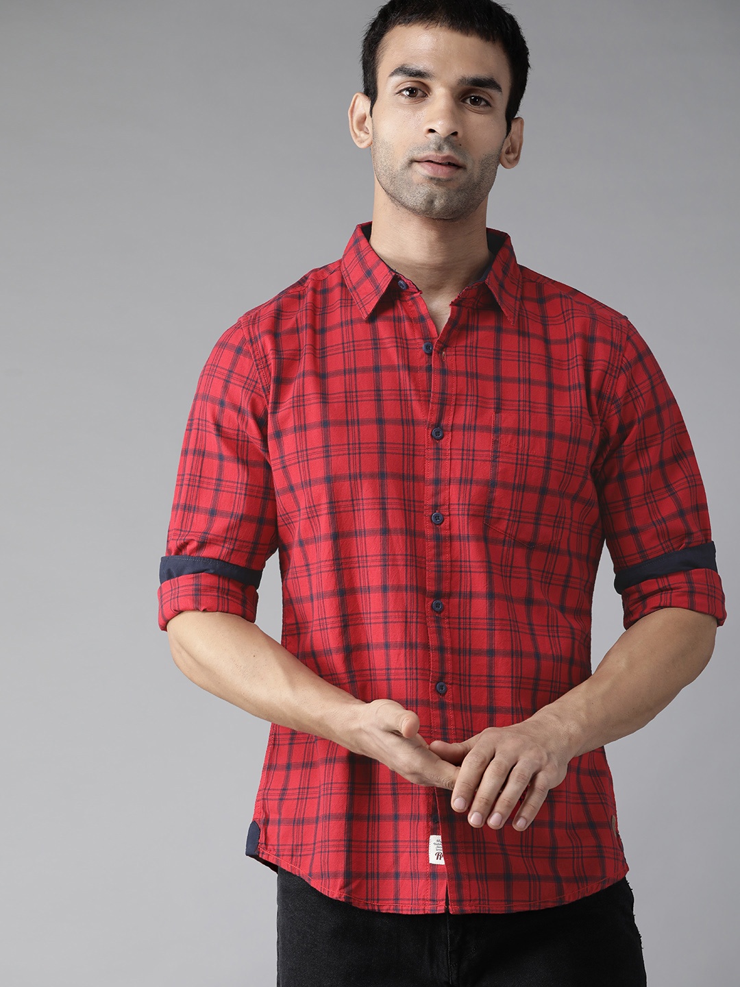 

Roadster Men Red & Navy Blue Tartan Checks Opaque Cotton Casual Shirt