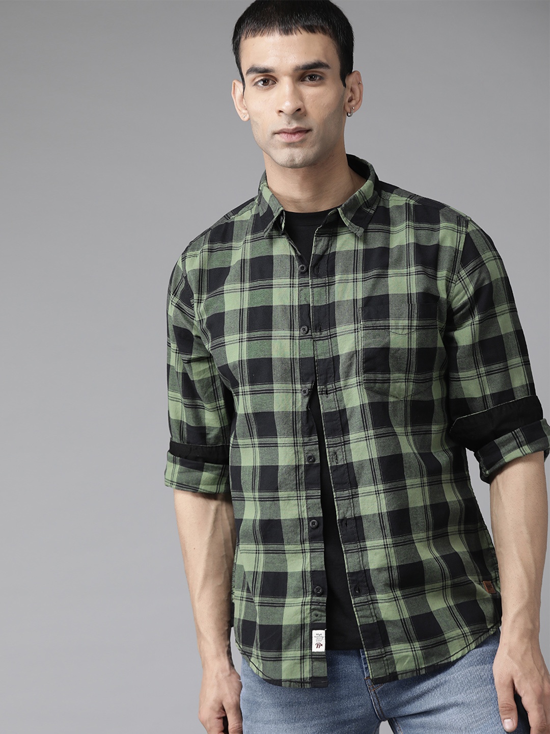 

Roadster Men Green & Black Pure Cotton Tartan Checks Sustainable Casual Shirt