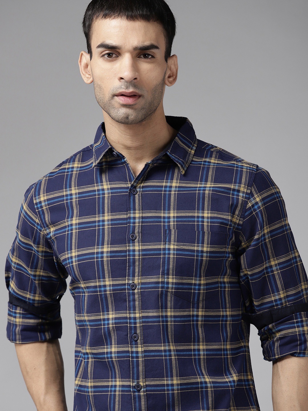 

Roadster Men Navy Blue & Yellow Cotton Tartan Checks Sustainable Casual Shirt