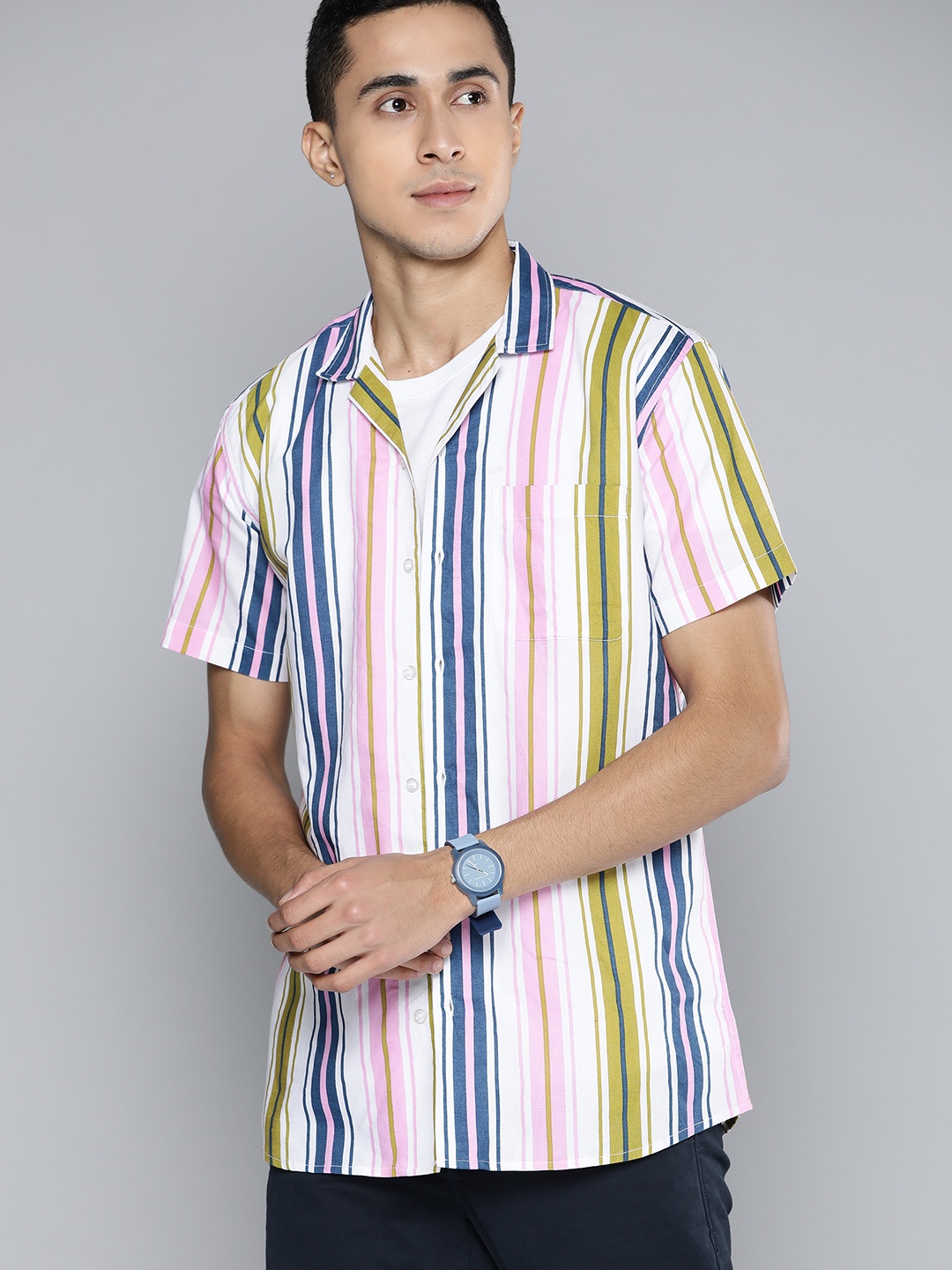 

DENNISON Men Pink & Blue Smart Multi Stripes Cotton Casual Shirt