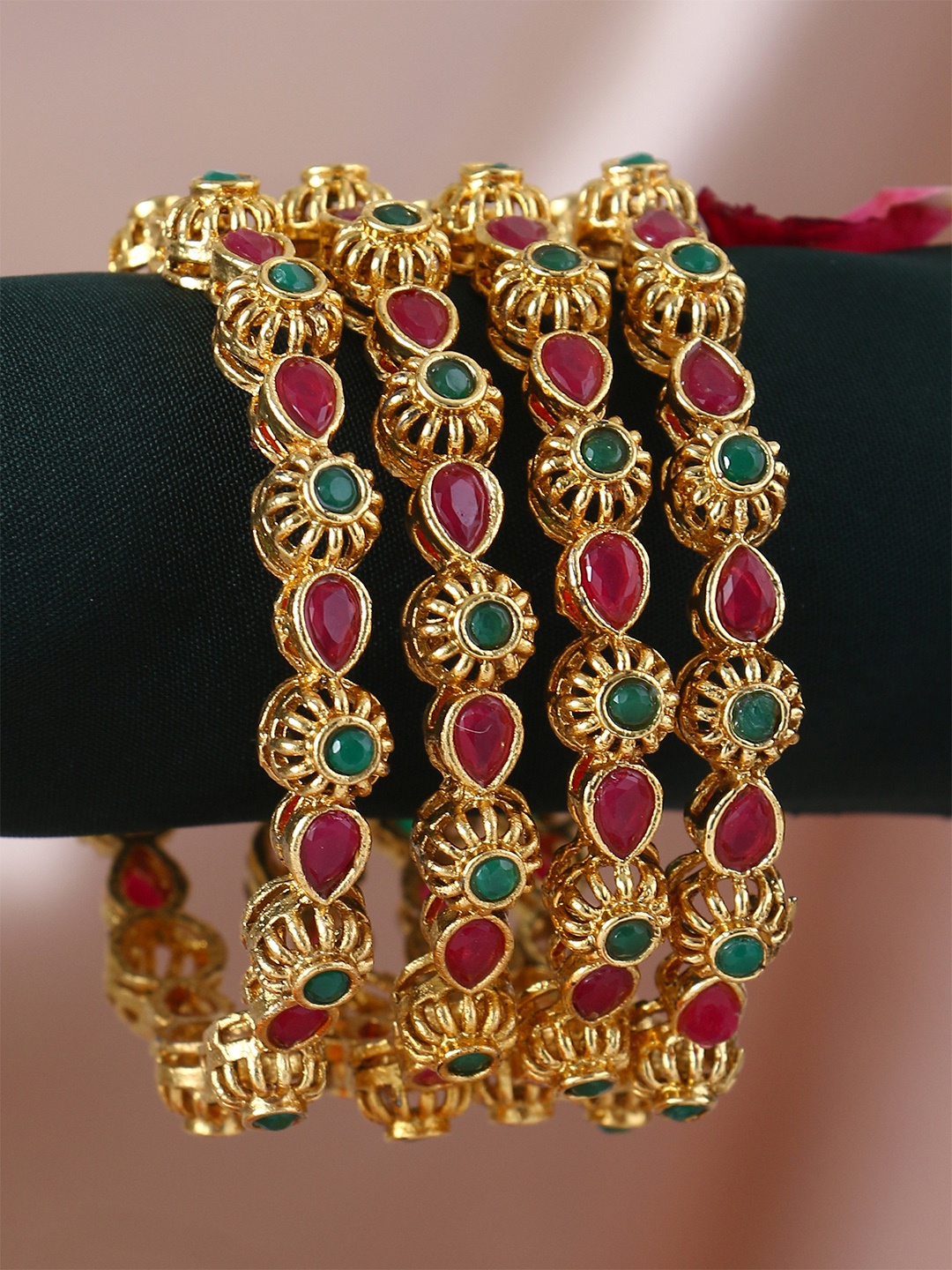 

Adwitiya Collection Set Of 4 24k Gold-Plated Red & Green Stone-Studded Handcrafted Bangles