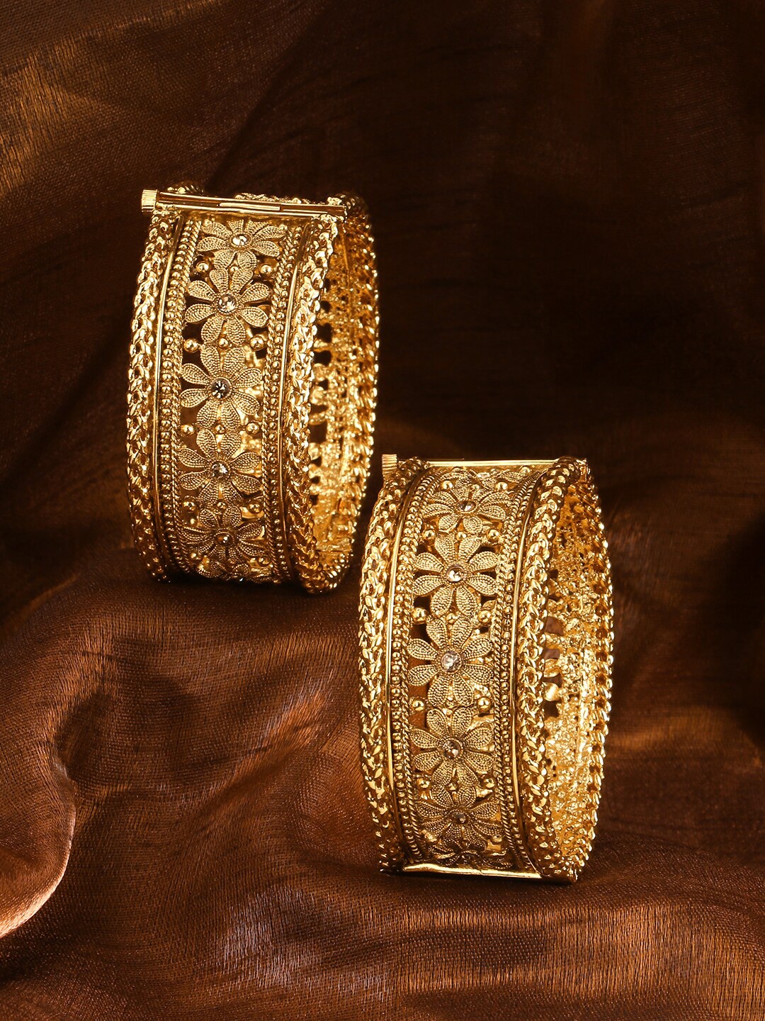 

Adwitiya Collection Set Of 2 24 CT Gold-Plated Stone-Studded Flower Openable Bangles