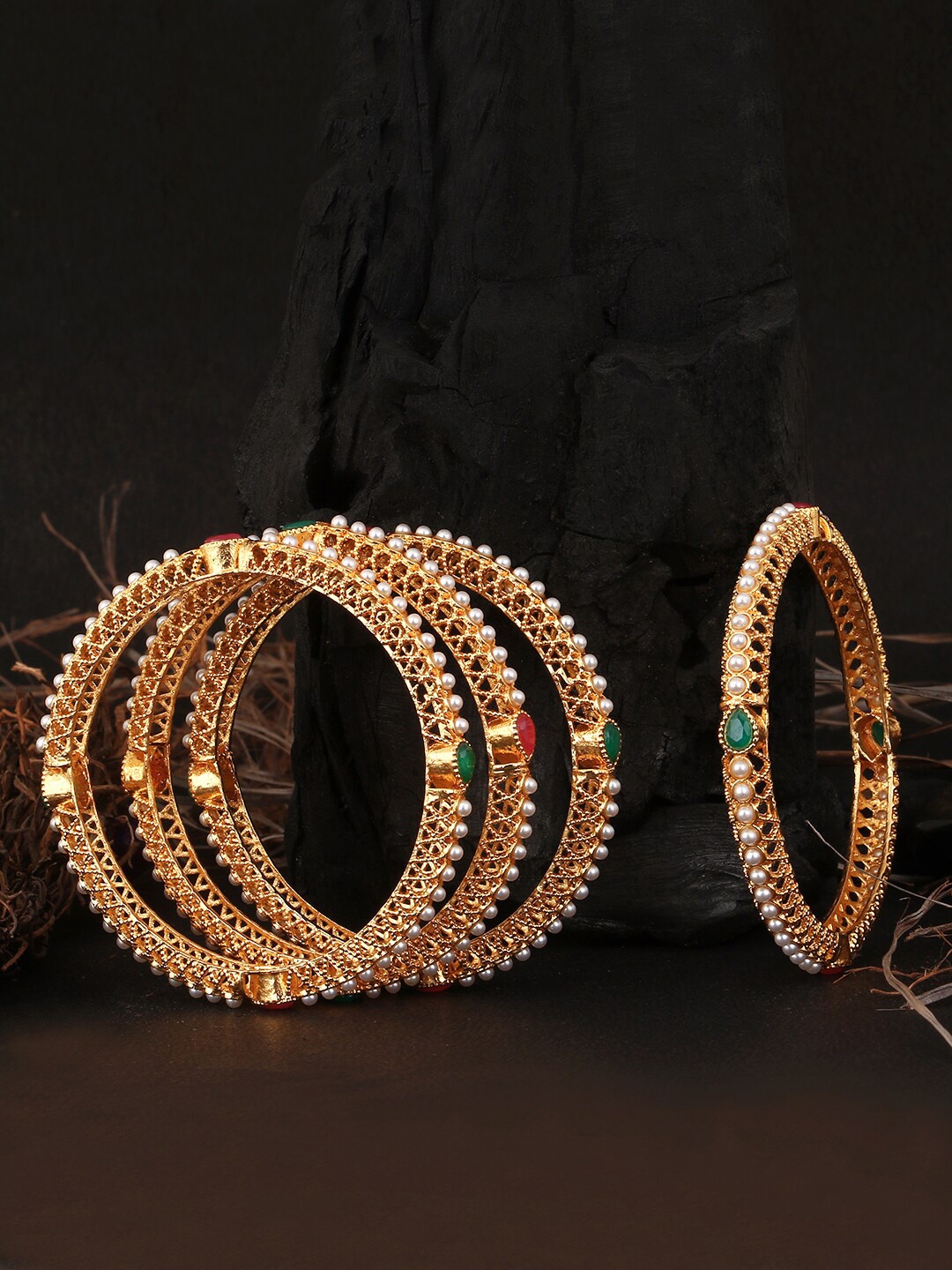 

Adwitiya Collection Set of 4 Gold-Plated Pearl Handcrafted Bangles
