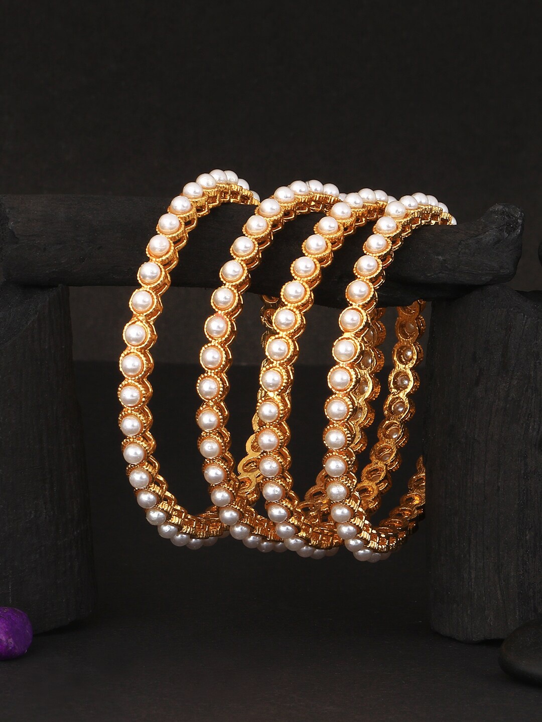 

Adwitiya Collection Set Of 4 24 CT Gold-Plated White Beaded Handcrafted Bangles