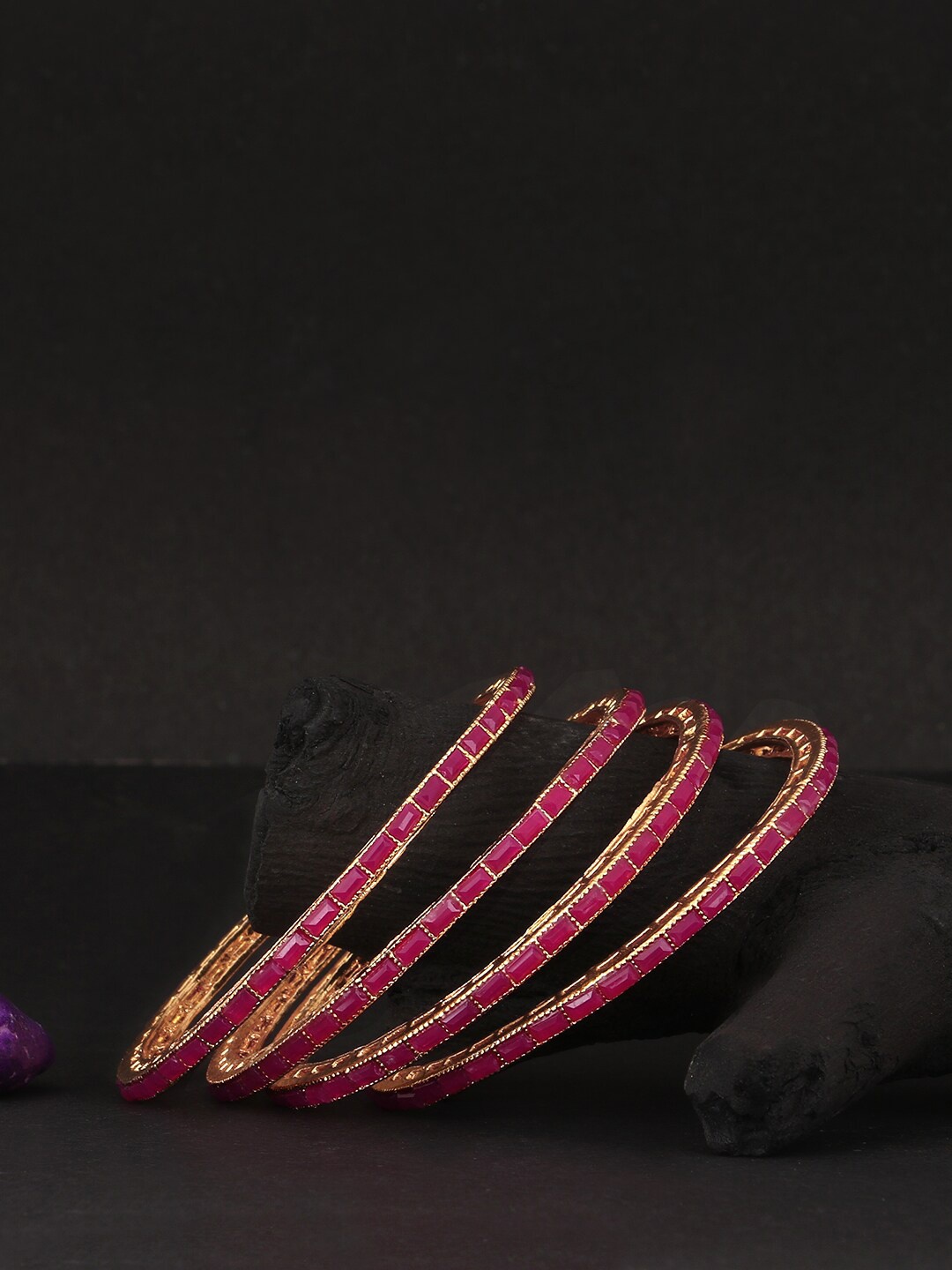 

Adwitiya Collection Set Of 4 Women 24 CT Gold-Plated Pink Stone Studded Handcrafted Bangles