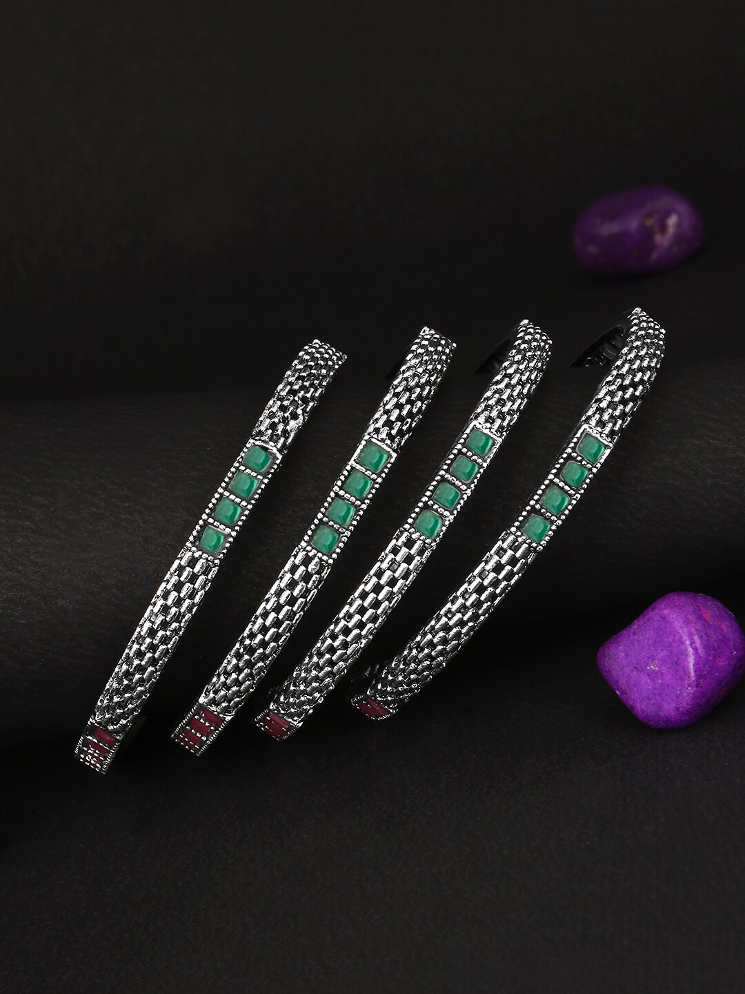 

Adwitiya Collection Set Of 4 Oxidised 24 CT Silver-Plated Red & Green Stone Bangles