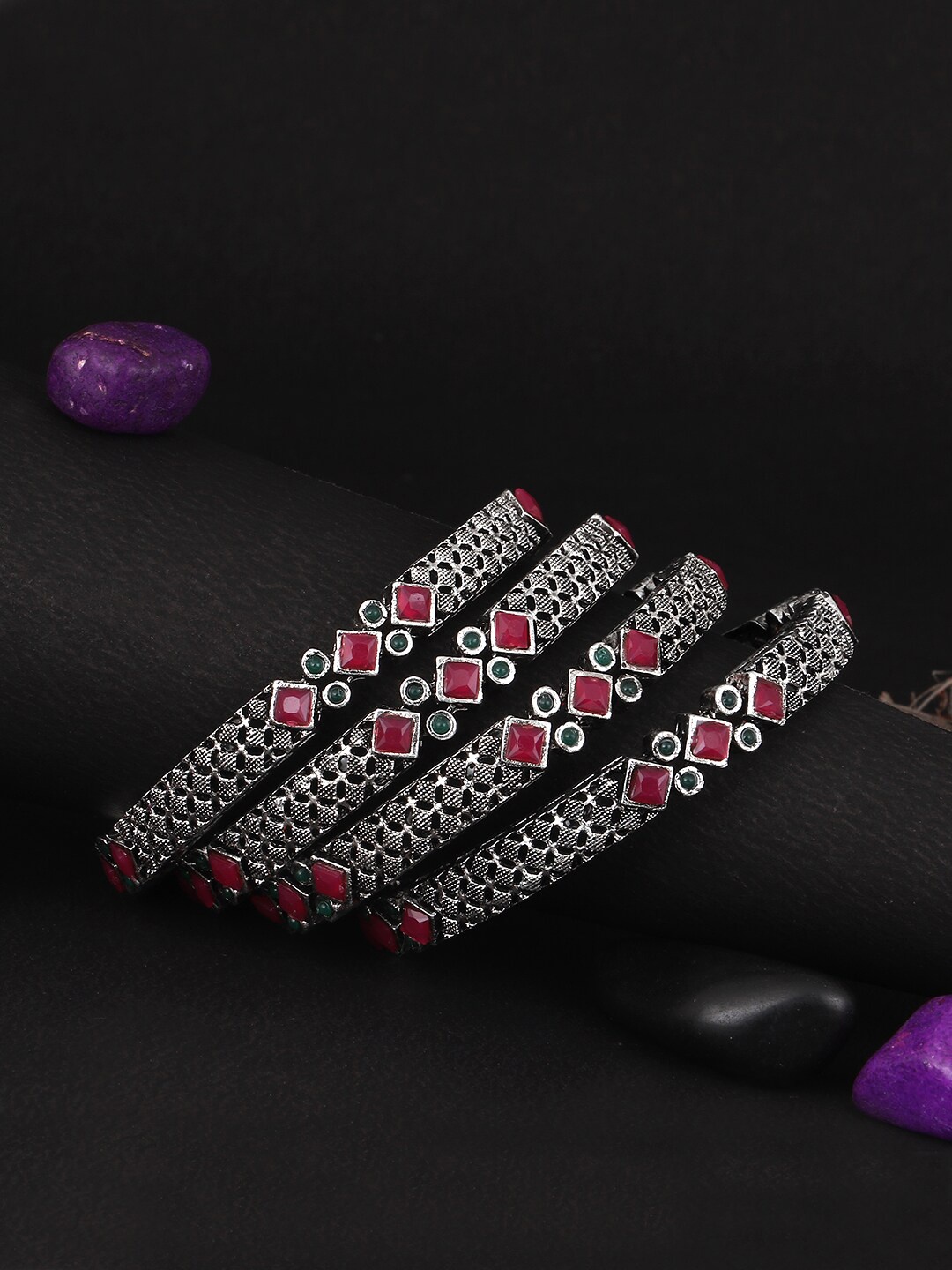 

Adwitiya Collection Set Of 4 Oxidised 24 CT Silver-Plated Red & Green Stone Studded Bangles