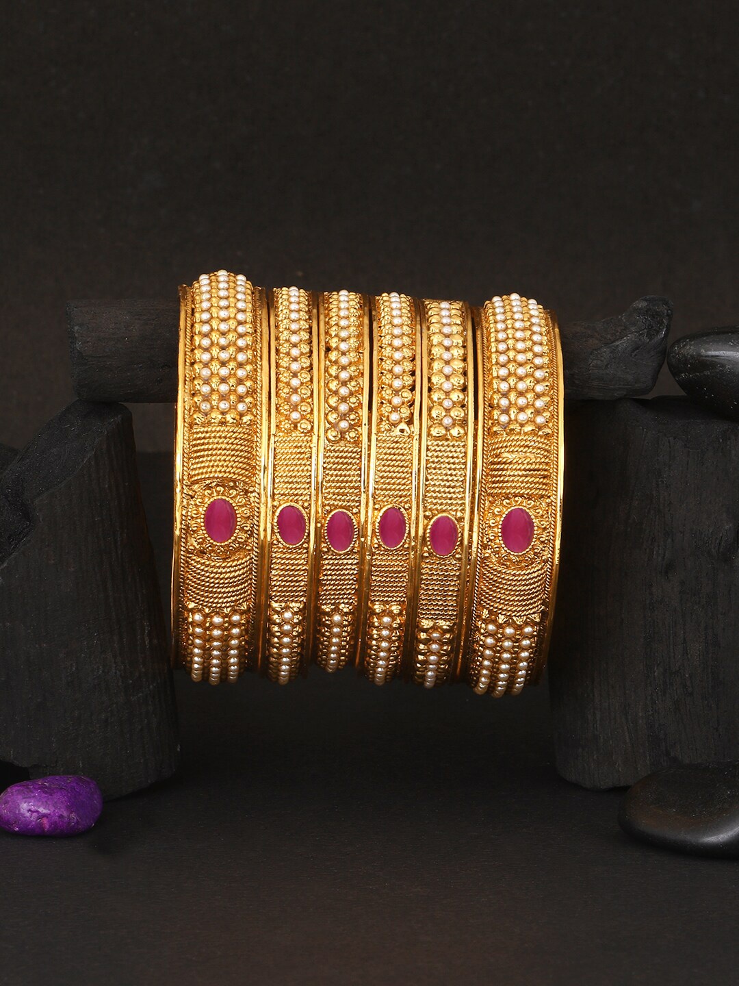 

Adwitiya Collection Set Of 6 24 CT Gold-Plated Red Stone Studded Handcrafted Bangles