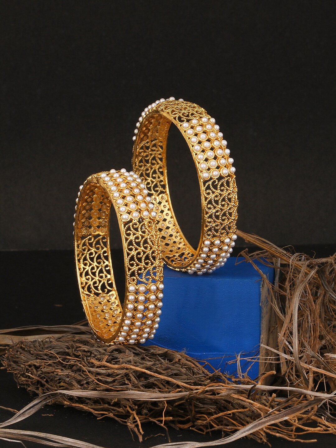 

Adwitiya Collection Set of 2 Gold-Plated & White Pearls Studded Bangles