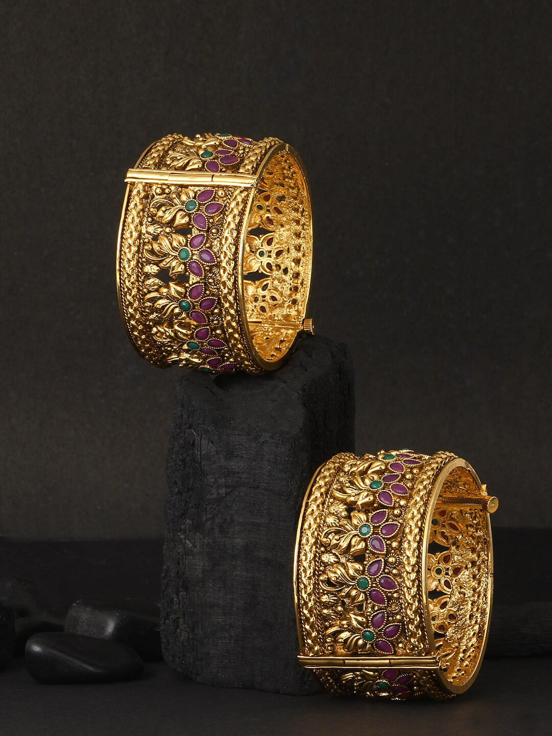 

Adwitiya Collection Set Of 2 24CT Gold-Plated Red & Green Stone-Studded Handcrafted Bangles