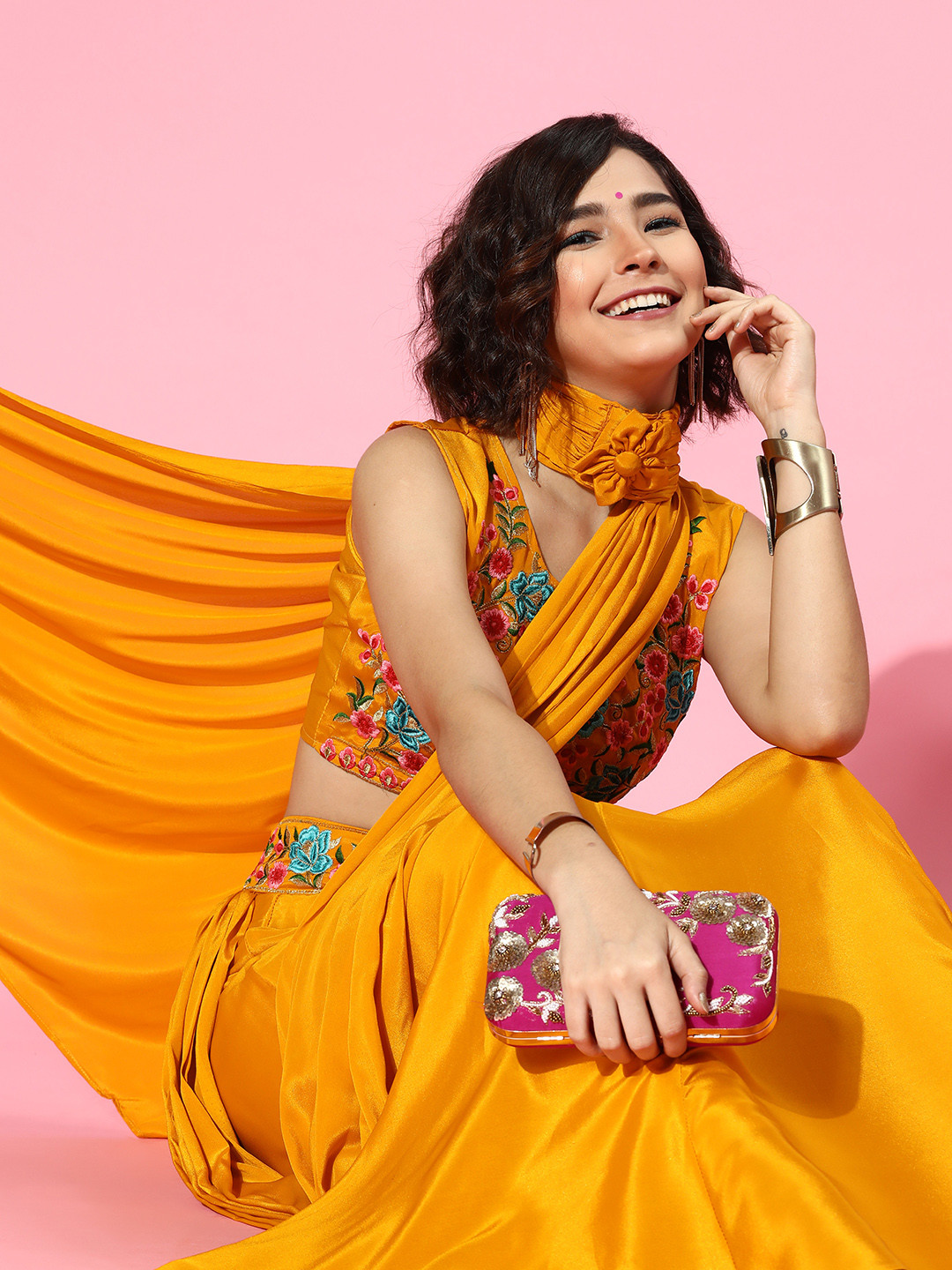 

Mitera Sleek Saree with Embroidered border, Yellow