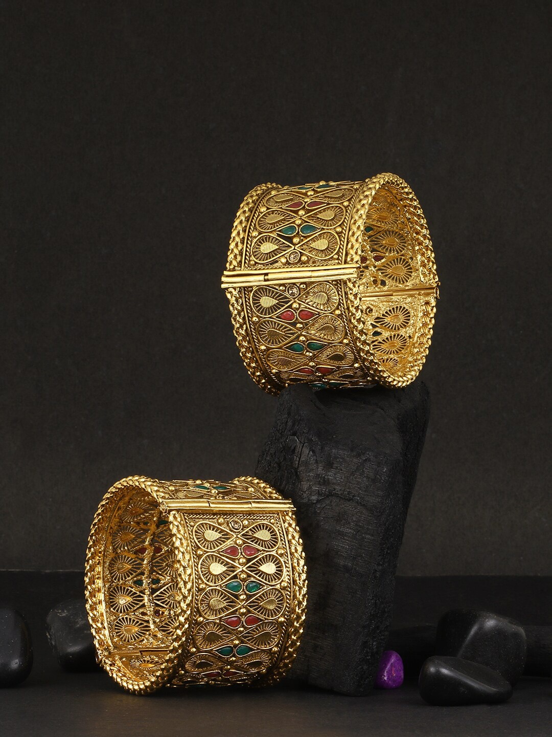 

Adwitiya Collection Set Of 2 24 CT Gold-Plated Red & Green Stone Studded Bangles