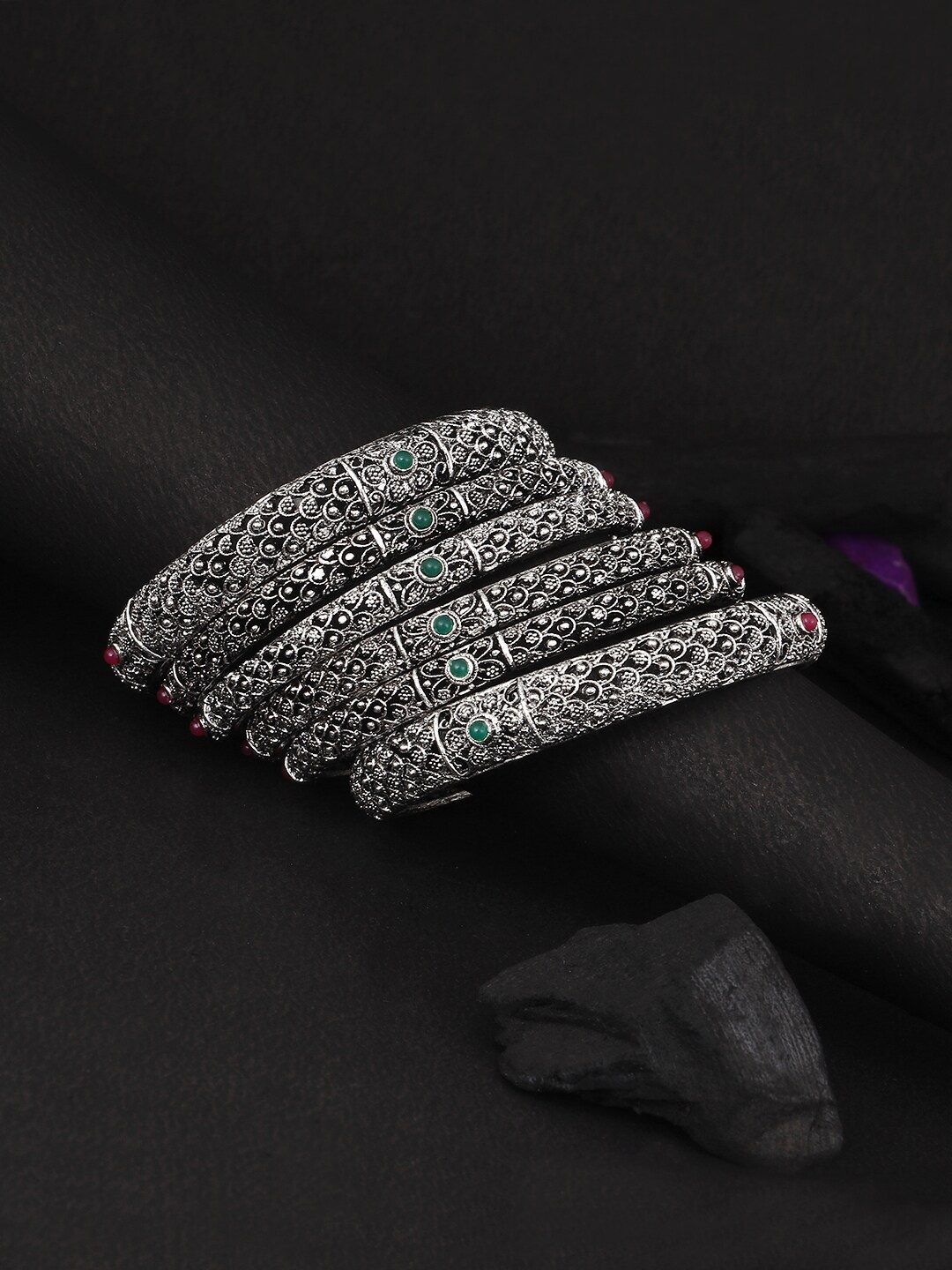 

Adwitiya Collection Women Set Of 6 Oxidised 24 CT Silver-Plated Red & Green Stone Studded Bangles