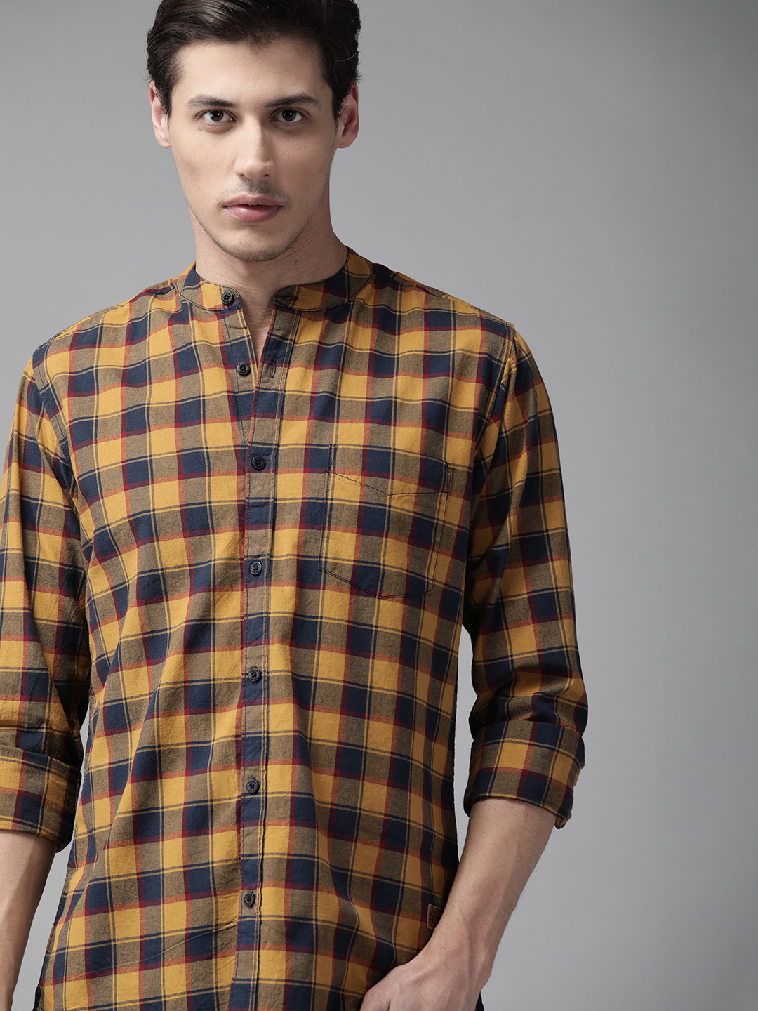 

Roadster Men Mustard Yellow & Navy Blue Tartan Checked Pure Cotton Casual Shirt