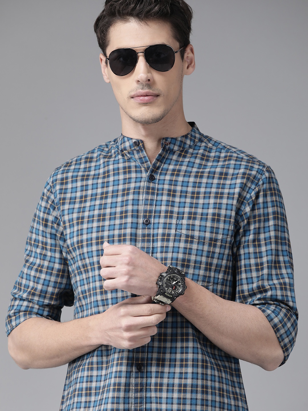 

Roadster Men Blue Tartan Checked Pure Cotton Casual Shirt