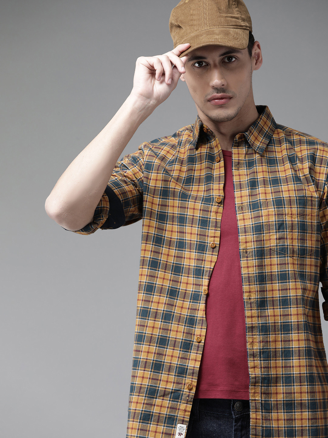 

Roadster Men Mustard Yellow & Teal Blue Tartan Checked Pure Cotton Shirt
