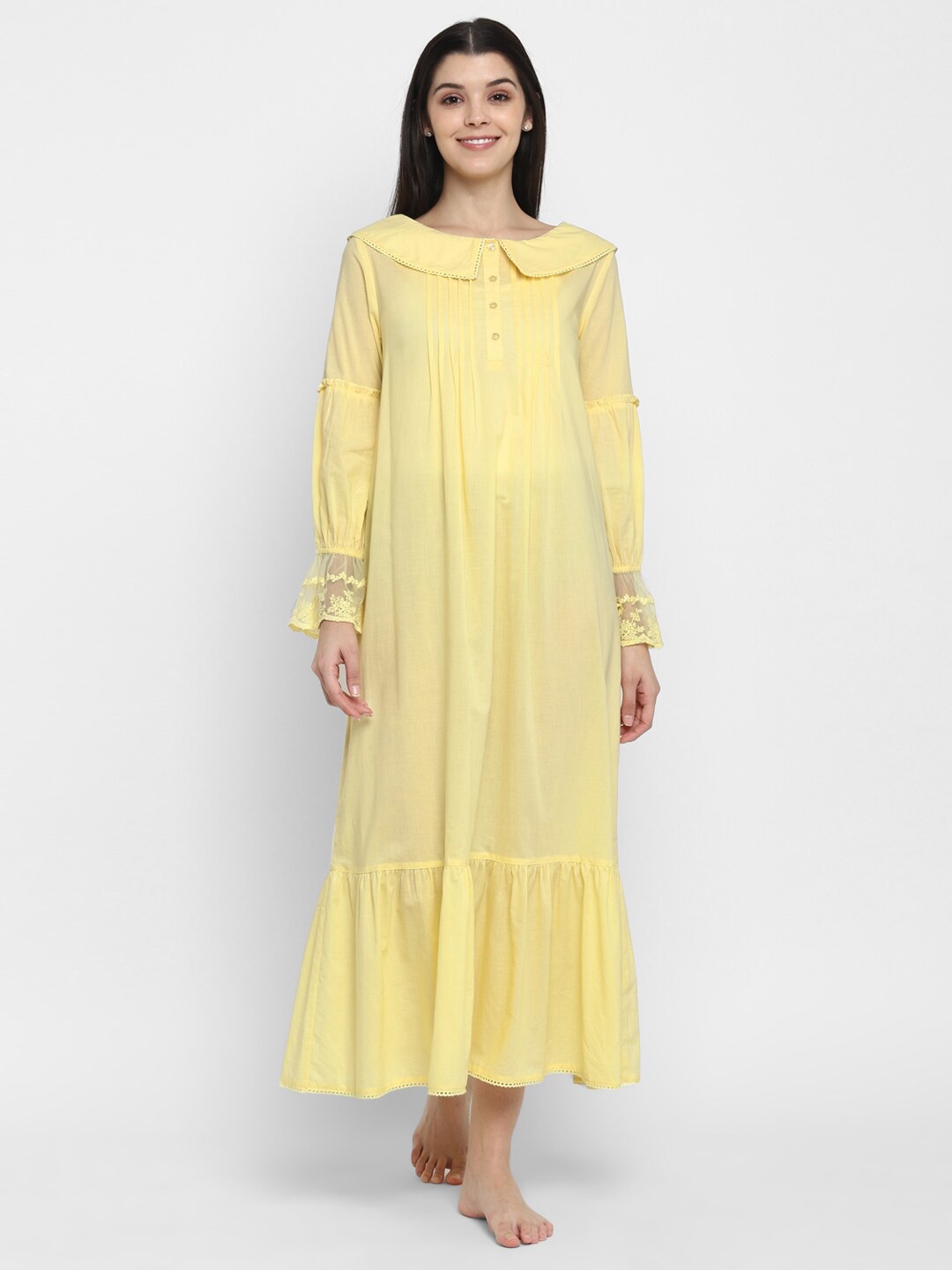

BLANC9 Women Solid Yellow Midi Nightdress