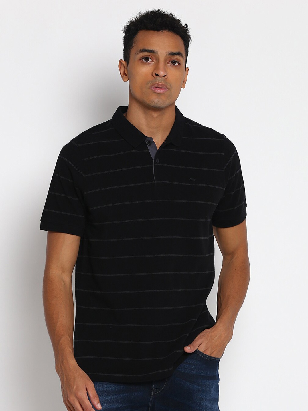 

Lee Men Black & Grey Striped Polo Collar Cotton T-shirt