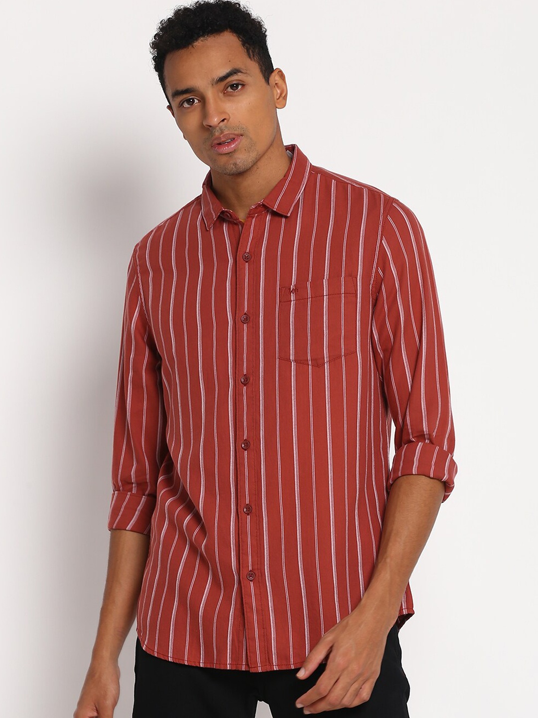 

Lee Men Rust & White Striped Slim Fit Opaque Casual Shirt