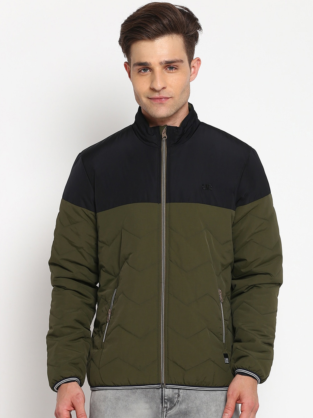

Lee Men Olive Green Black Colourblocked Quilted Jacket