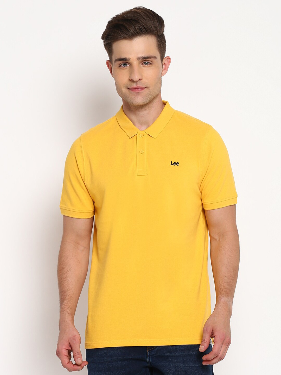 

Lee Men Yellow Solid Polo Collar Cotton T-shirt
