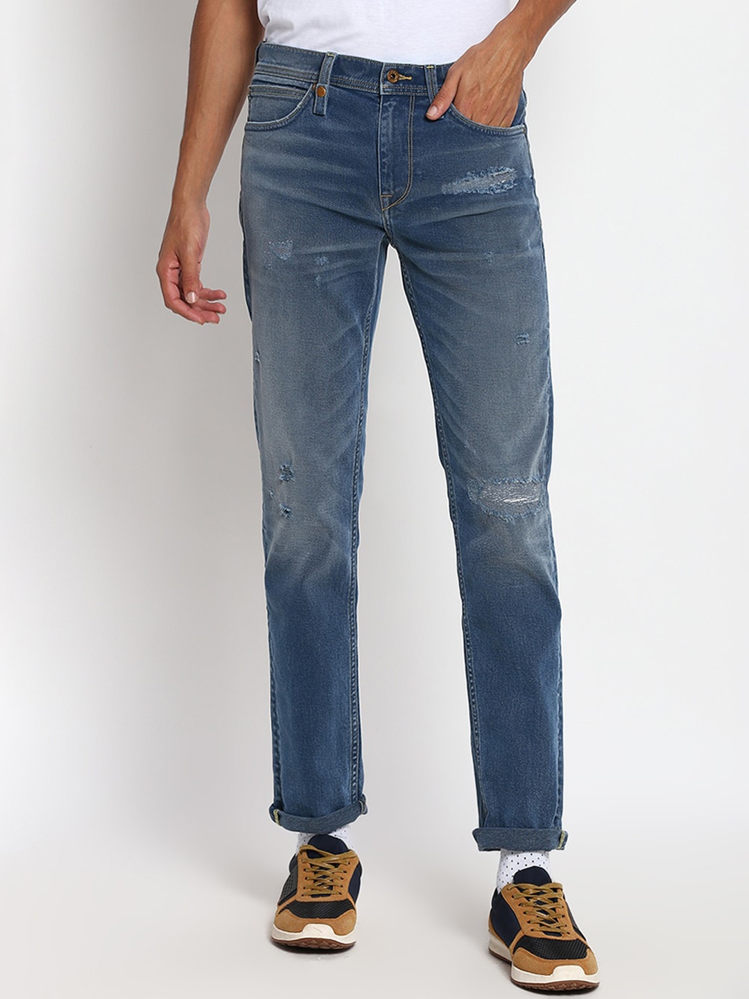 

Lee Men Blue Solid Slim Fit Mildly Distressed Light Fade Jeans
