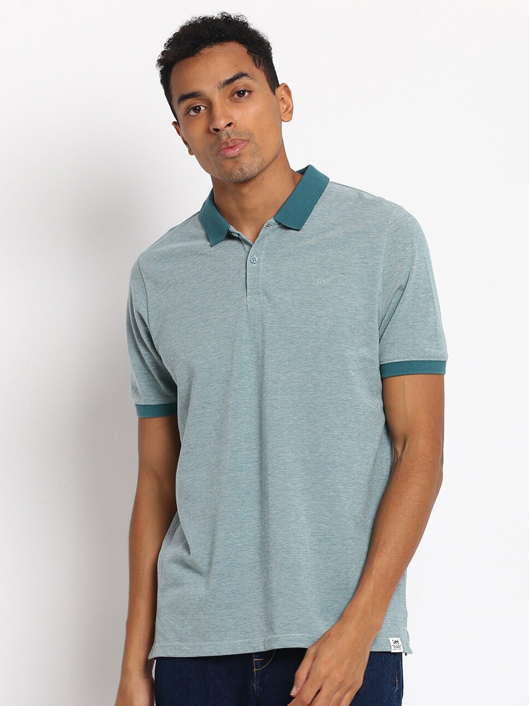 

Lee Men Teal Polo Collar Solid Cotton T-shirt