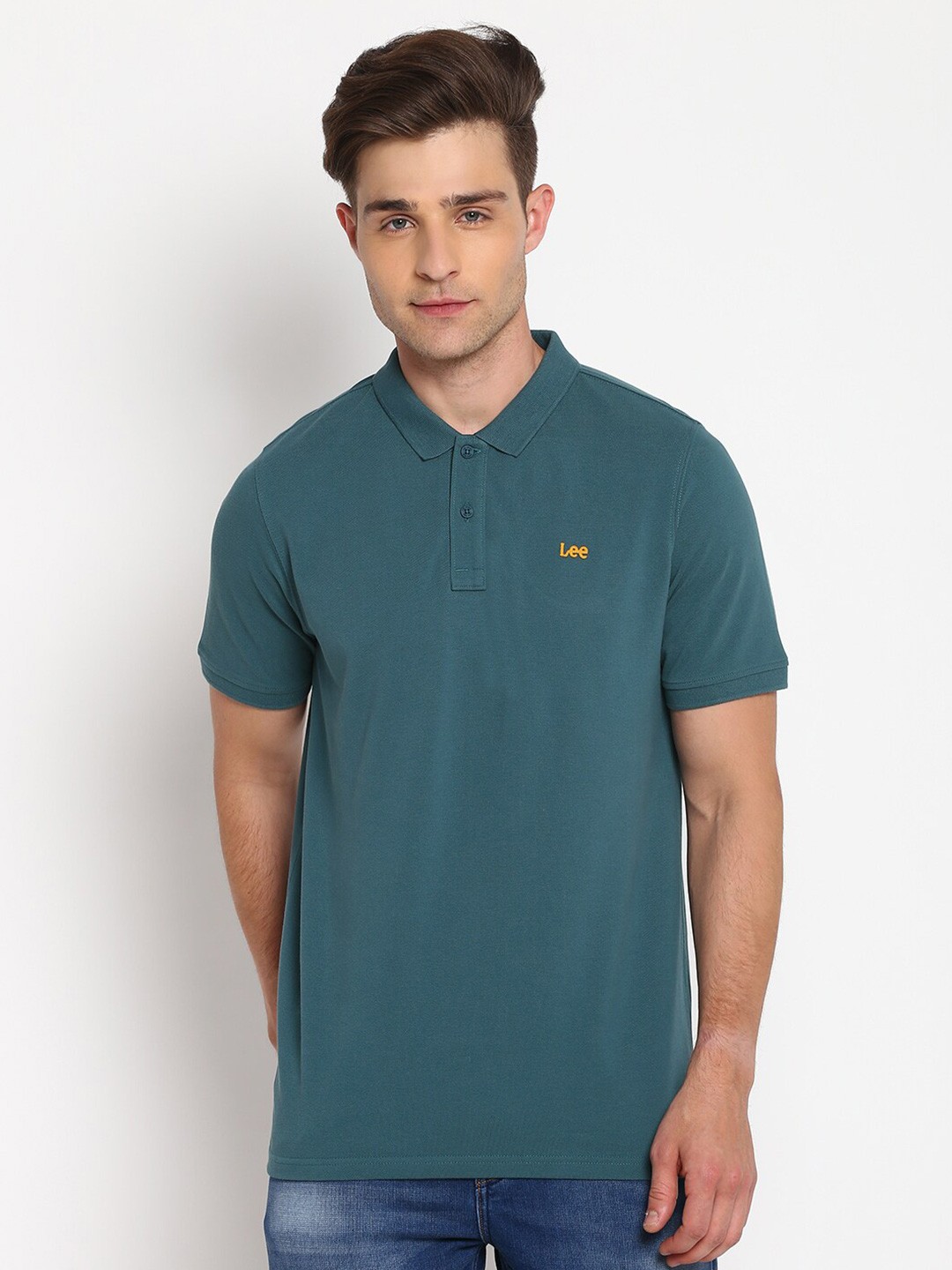 

Lee Men Teal Solid Cotton T-shirt