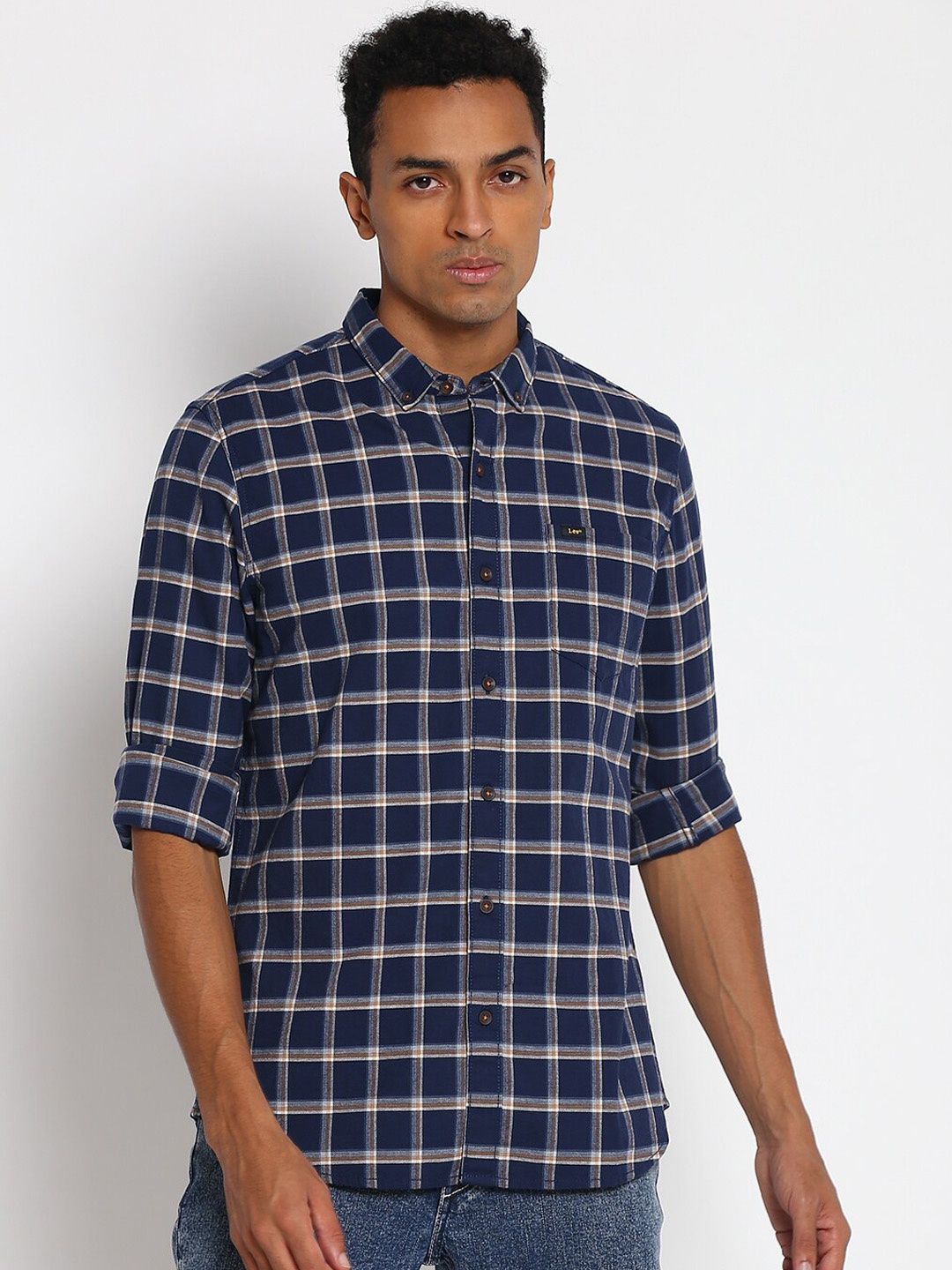 

Lee Men Navy Blue & Beige Slim Fit Opaque Checked Cotton Casual Shirt