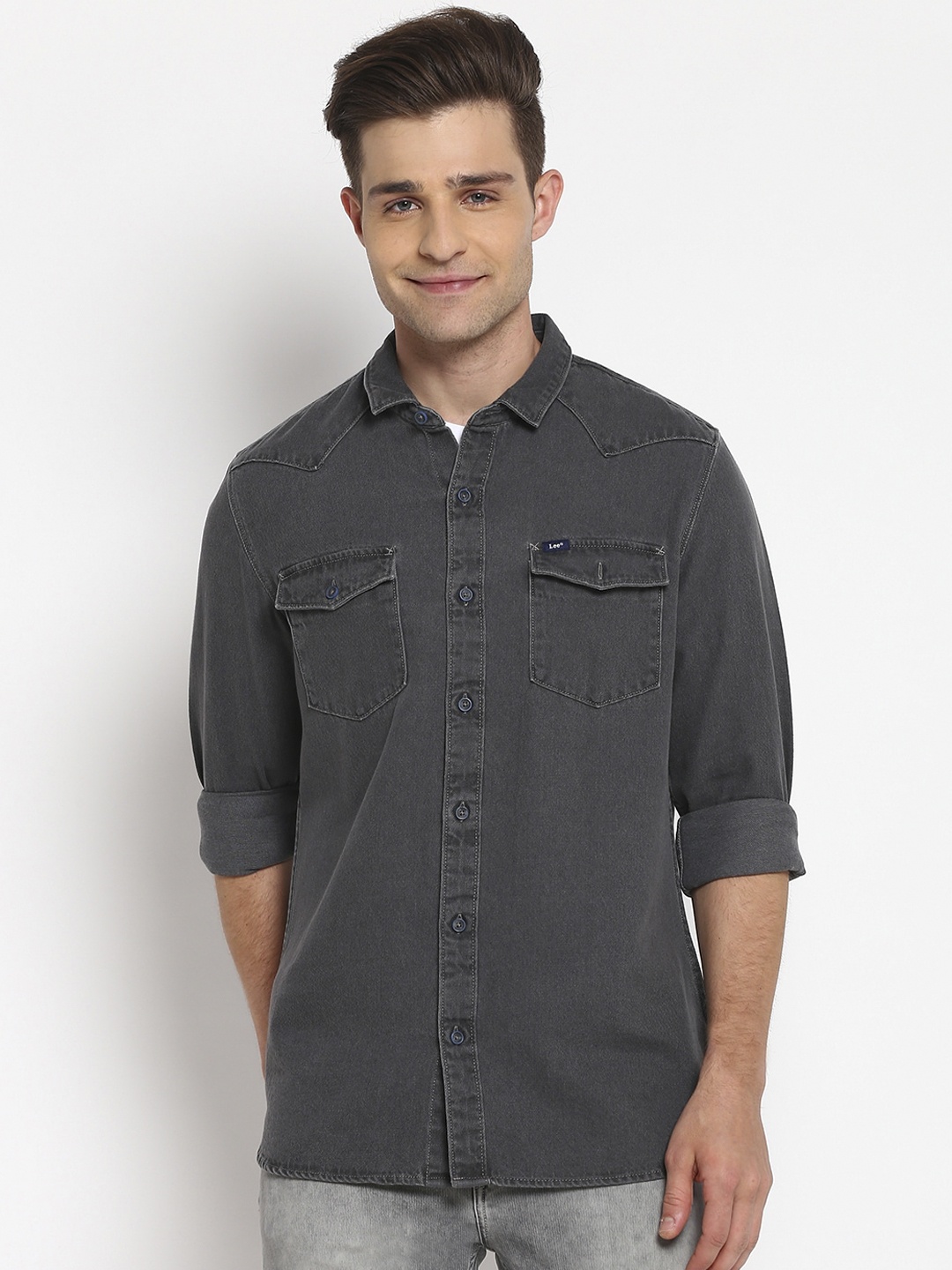 

Lee Men Grey Slim Fit Opaque Cotton Casual Shirt