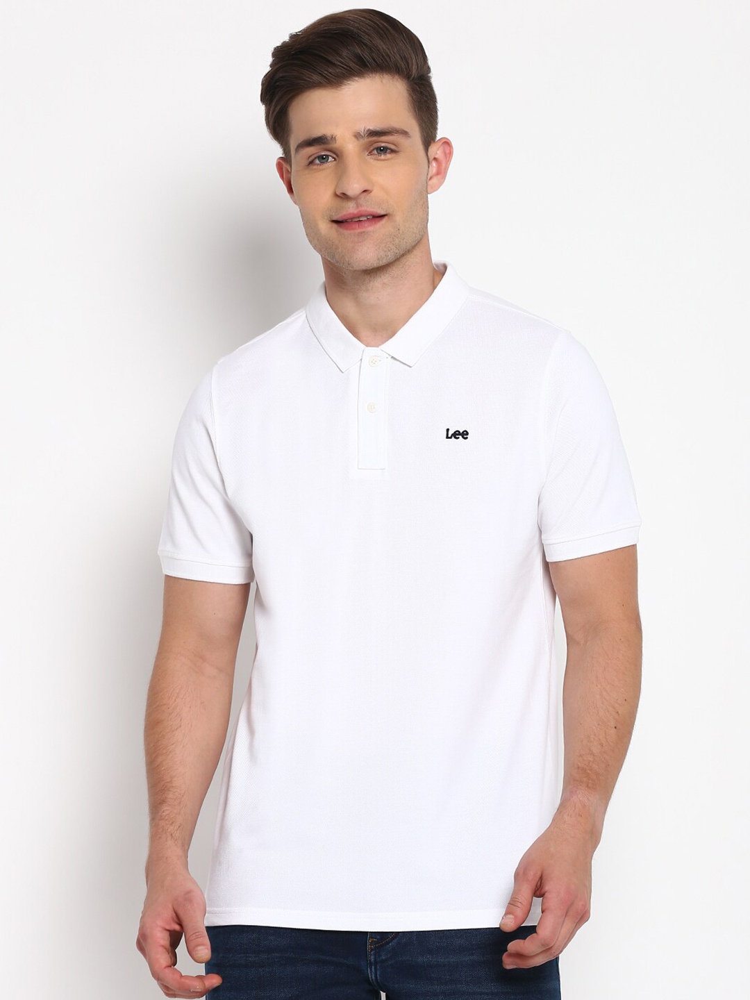 

Lee Men White Solid Polo Collar Cotton T-shirt