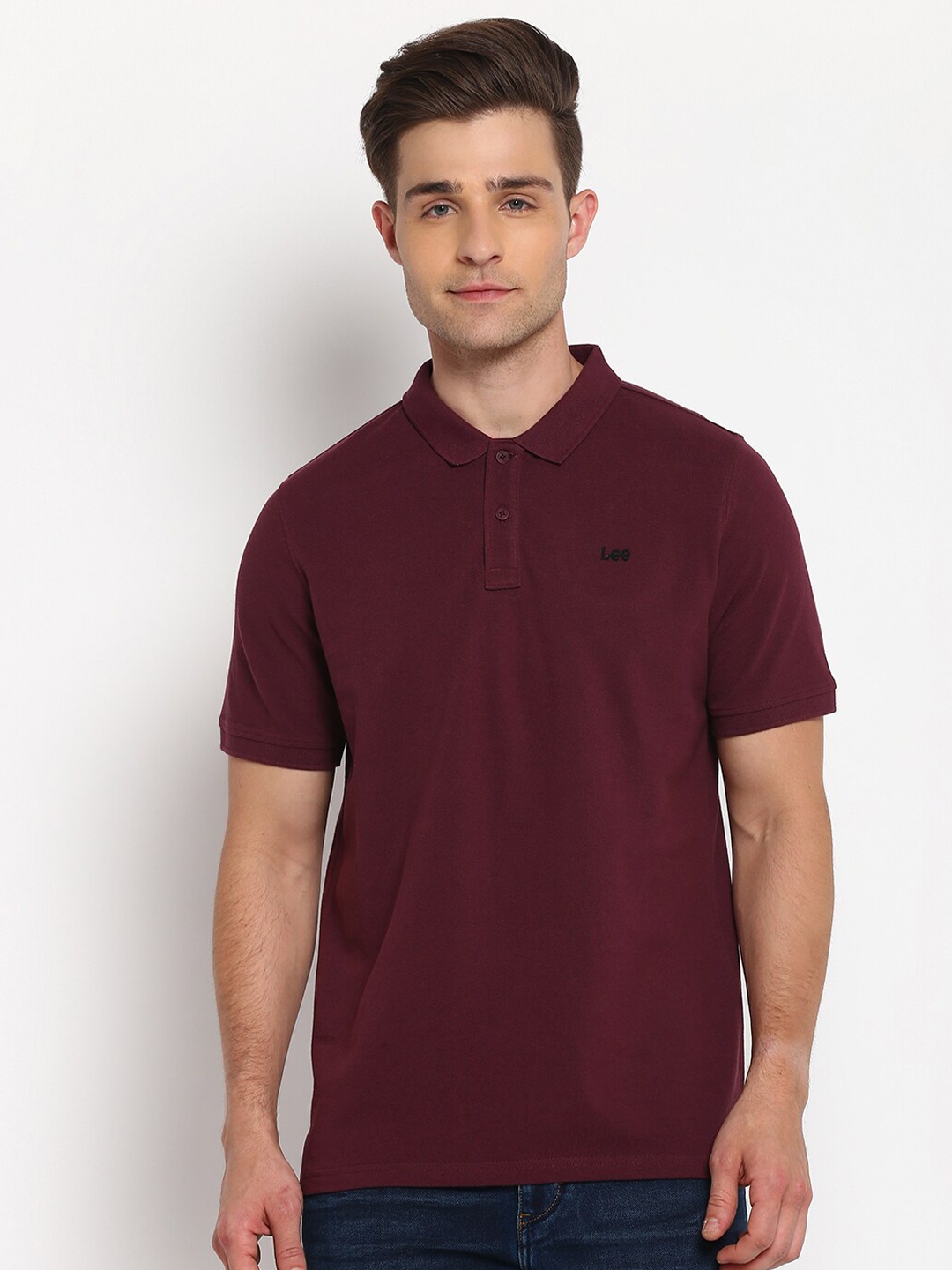 

Lee Men Maroon Solid Polo Collar Cotton T-shirt