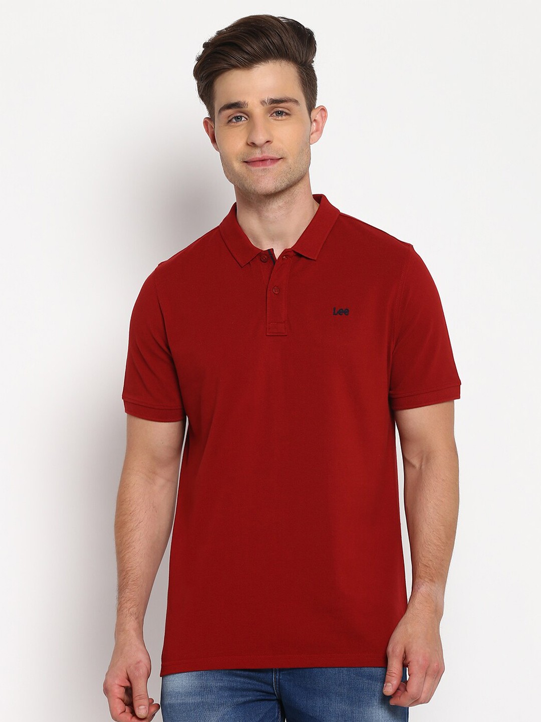 

Lee Men Red Solid Polo Collar Cotton T-shirt