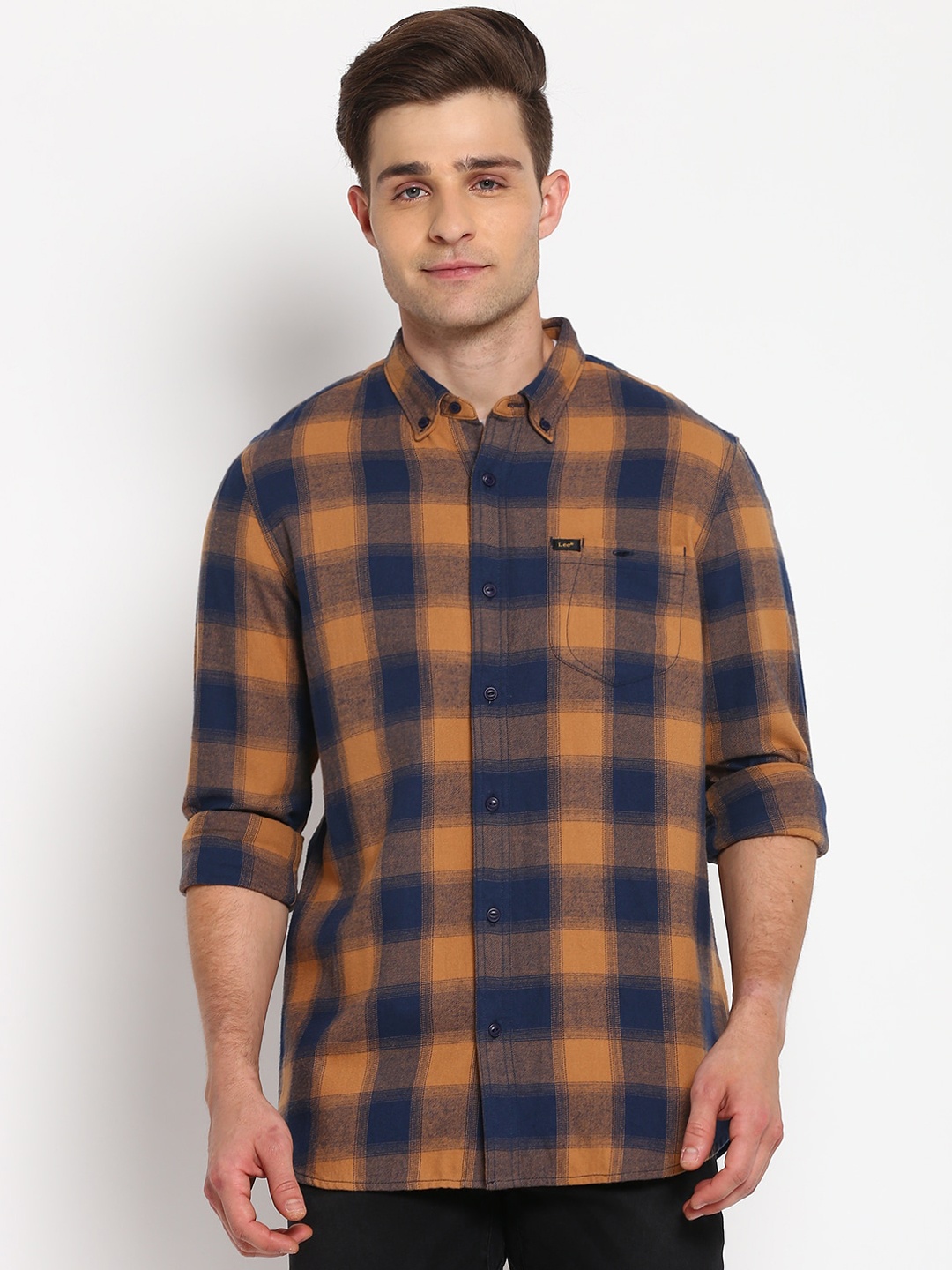 

Lee Men Navy Blue & Mustard Yellow Slim Fit Opaque Checked Casual Shirt
