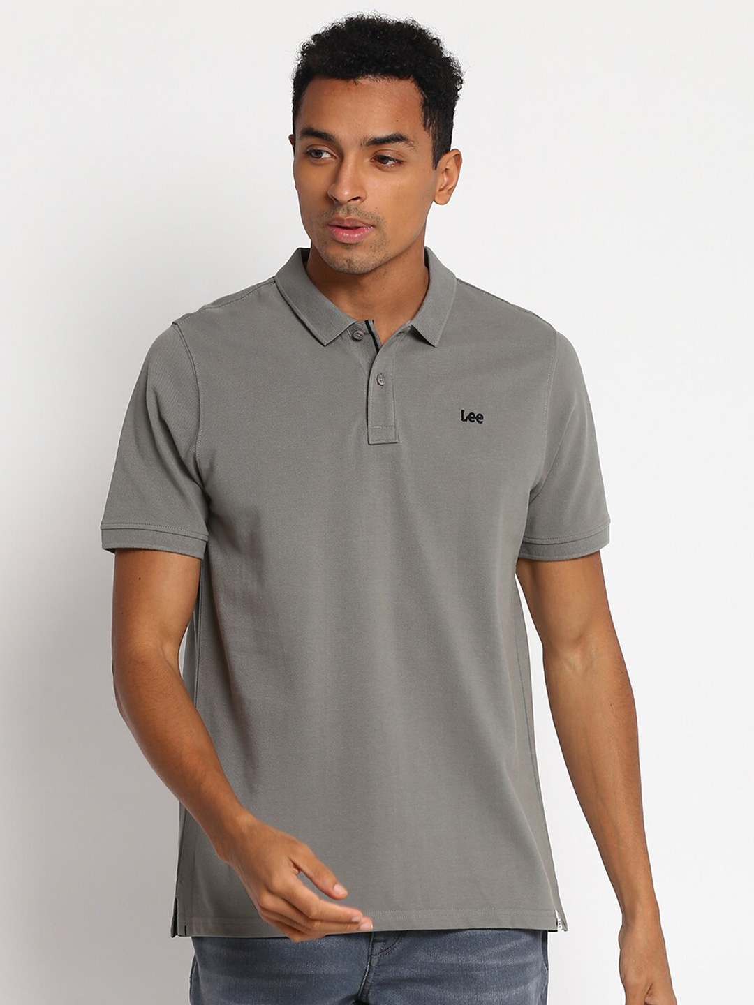 

Lee Men Grey Solid Polo Collar Cotton T-shirt