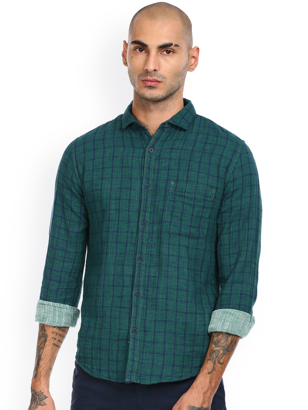 

Cherokee Men Green & Navy Blue Grid Tattersall Checks Opaque Cotton Casual Shirt