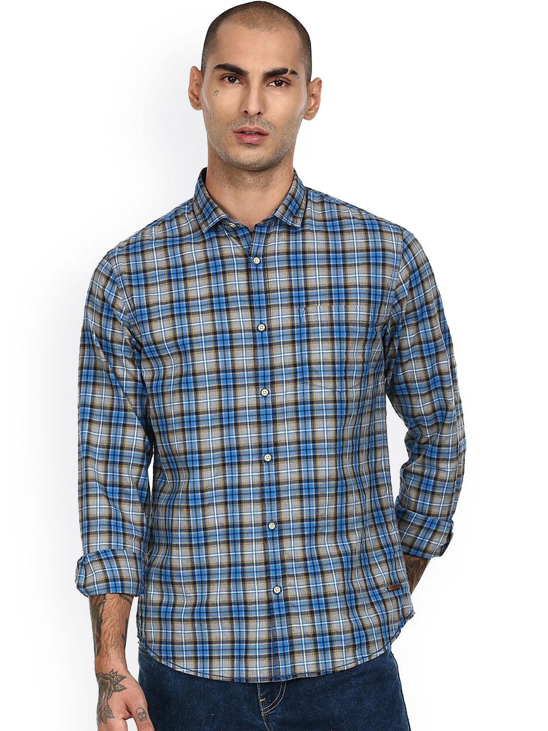 

Cherokee Men Blue & Grey Checked Opaque Cotton Casual Shirt