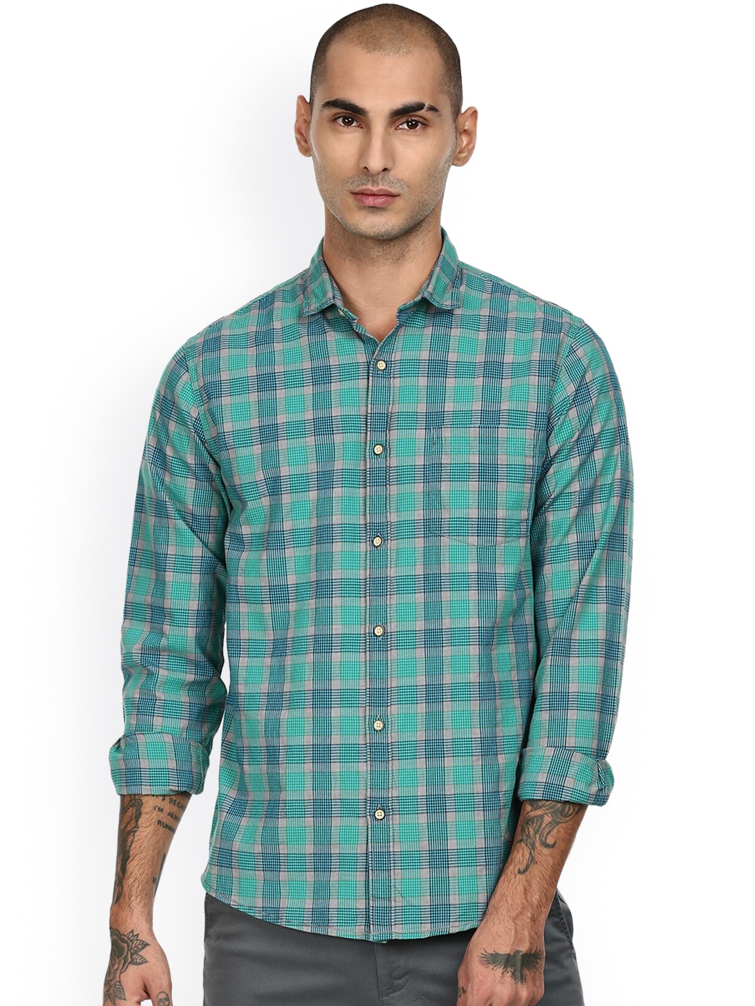 

Cherokee Men Green Tartan Checks Opaque Cotton Casual Shirt