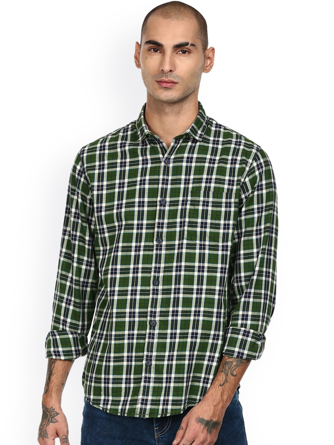 

Cherokee Men Green & Black Checked Opaque Cotton Casual Shirt