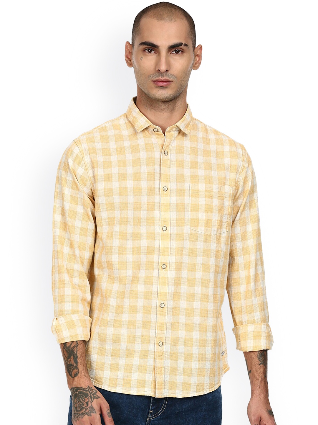 

Cherokee Men Yellow & White Checked Opaque Cotton Casual Shirt