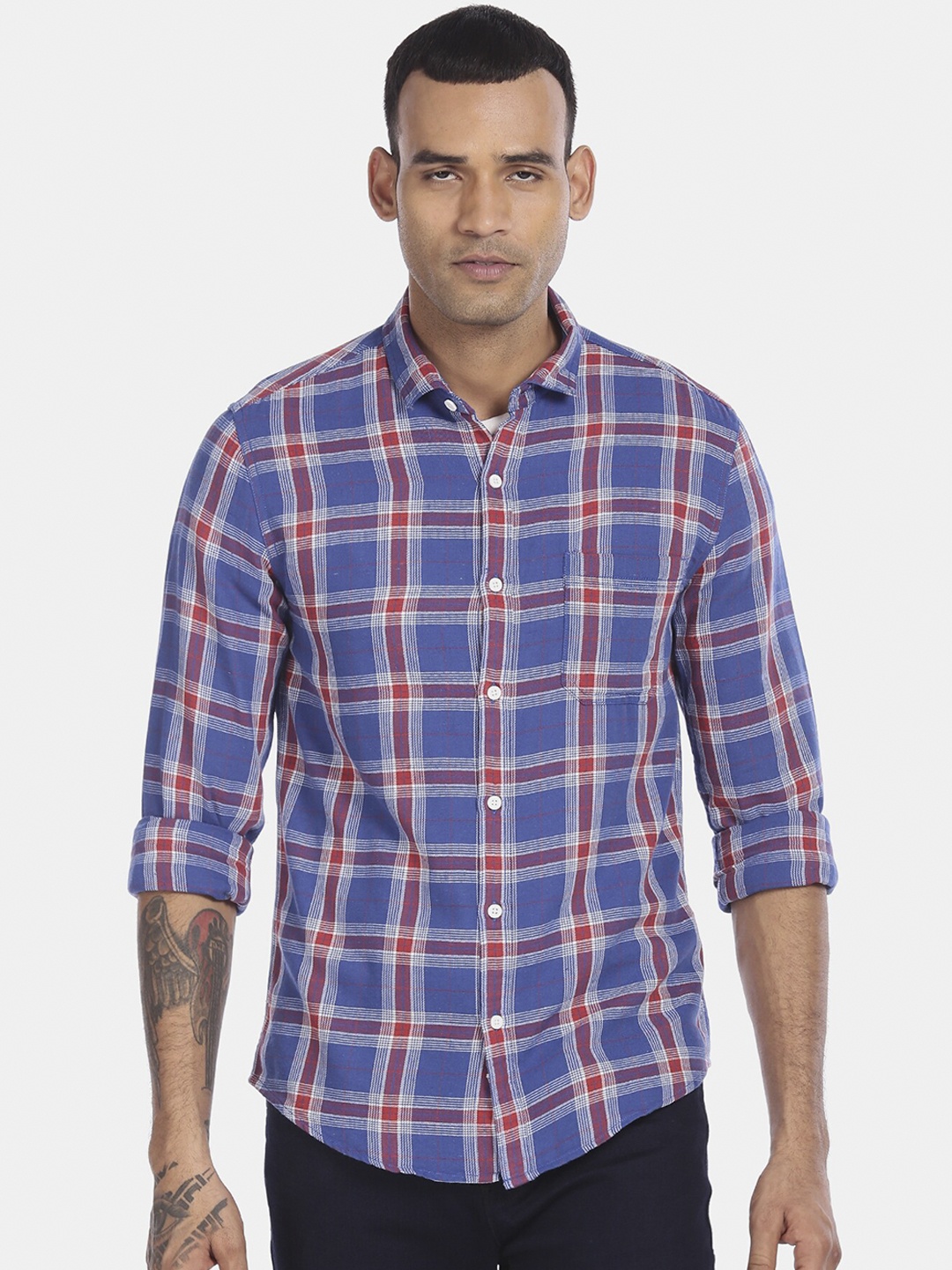 

Cherokee Men Blue & Red Tartan Checks Opaque Cotton Casual Shirt