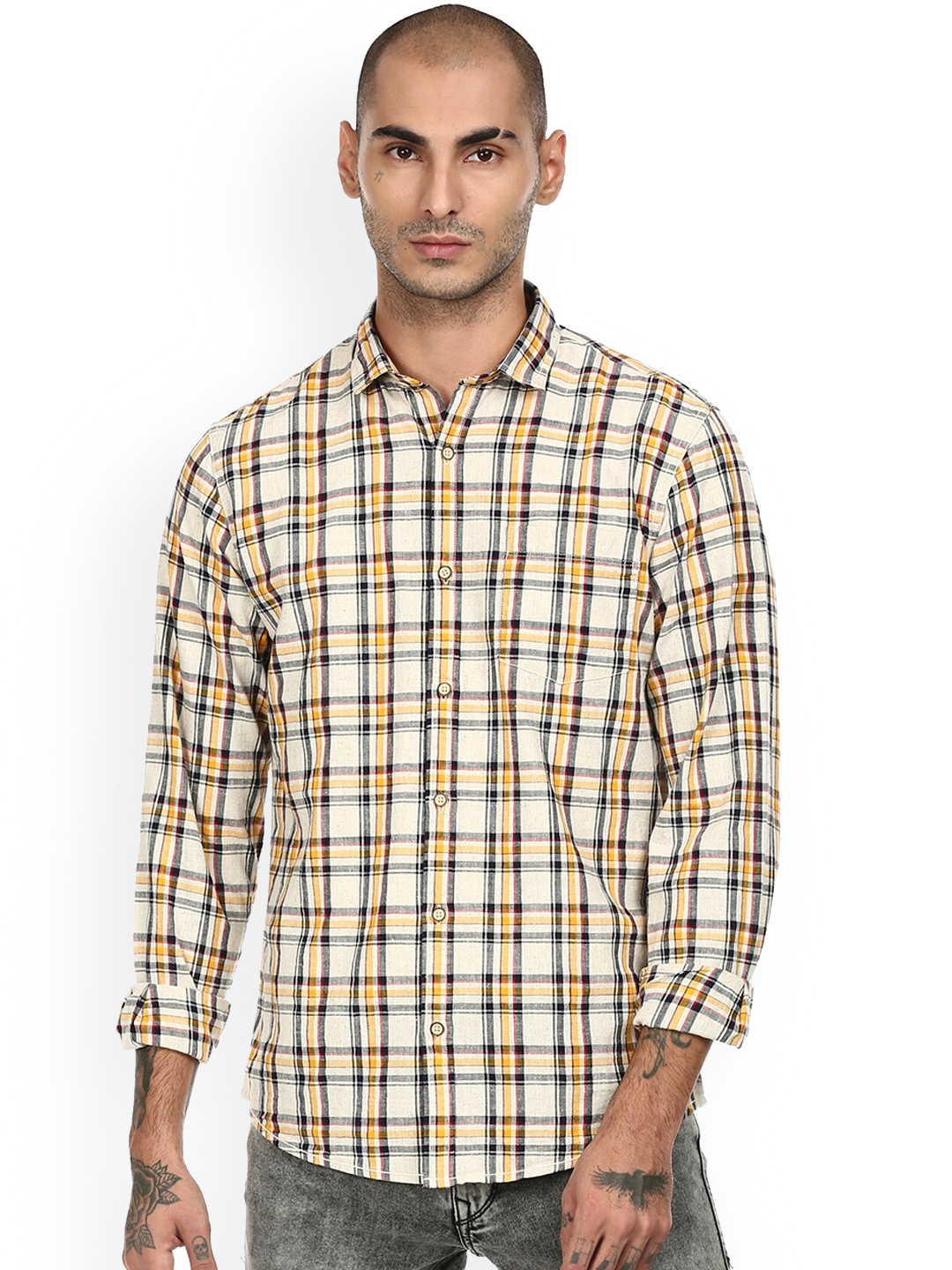 

Cherokee Men Beige & Black Tartan Checks Opaque Cotton Casual Shirt