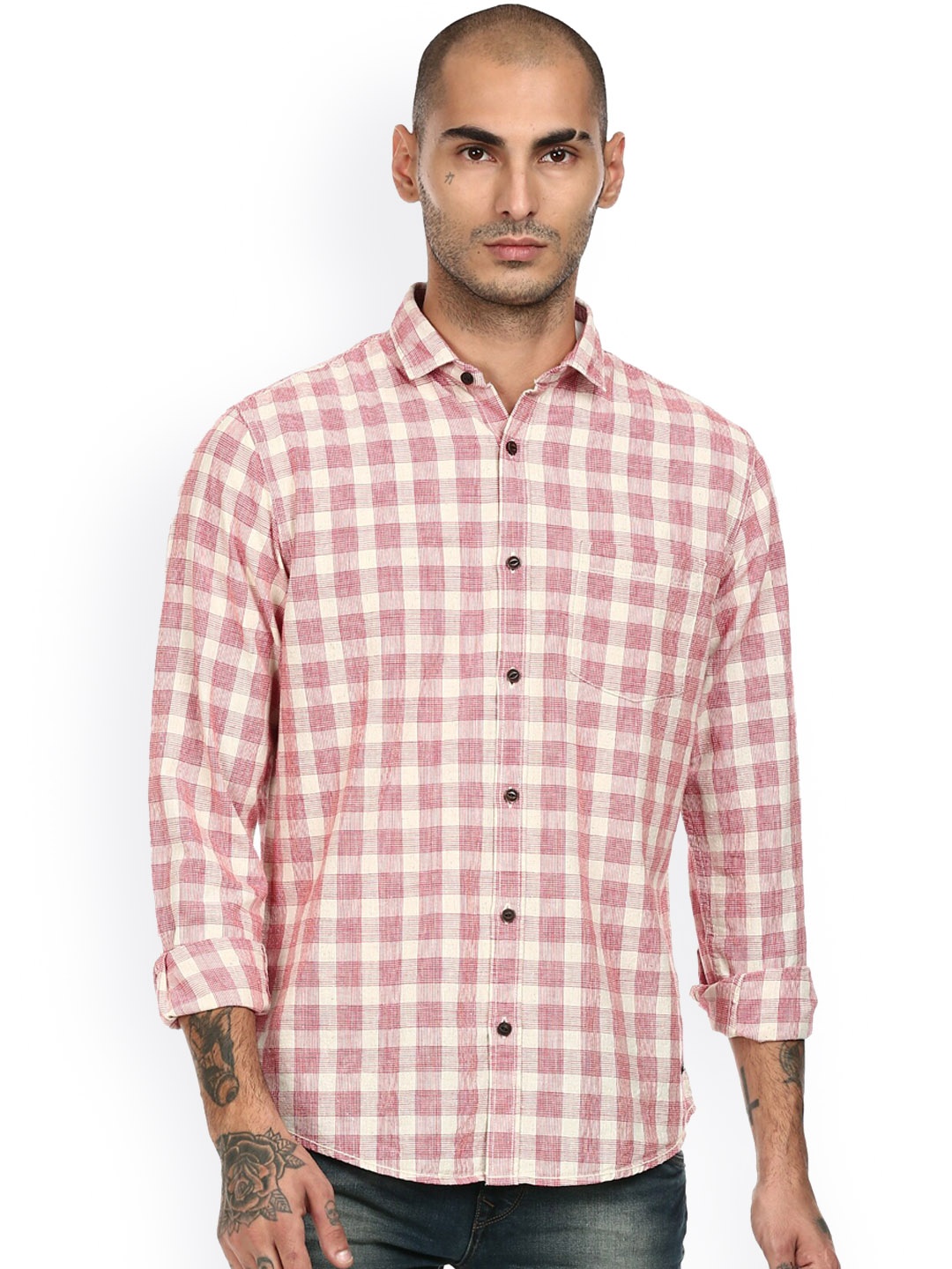 

Cherokee Men Red & Cream-Coloued Gingham Checks Opaque Cotton Casual Shirt