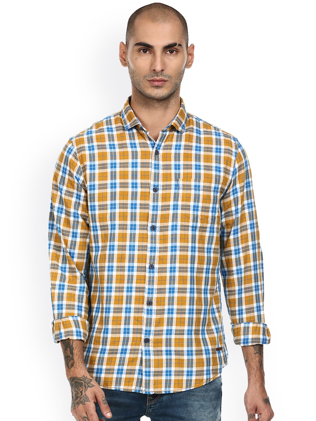 

Cherokee Men Blue & Yellow Tartan Checks Opaque Cotton Casual Shirt