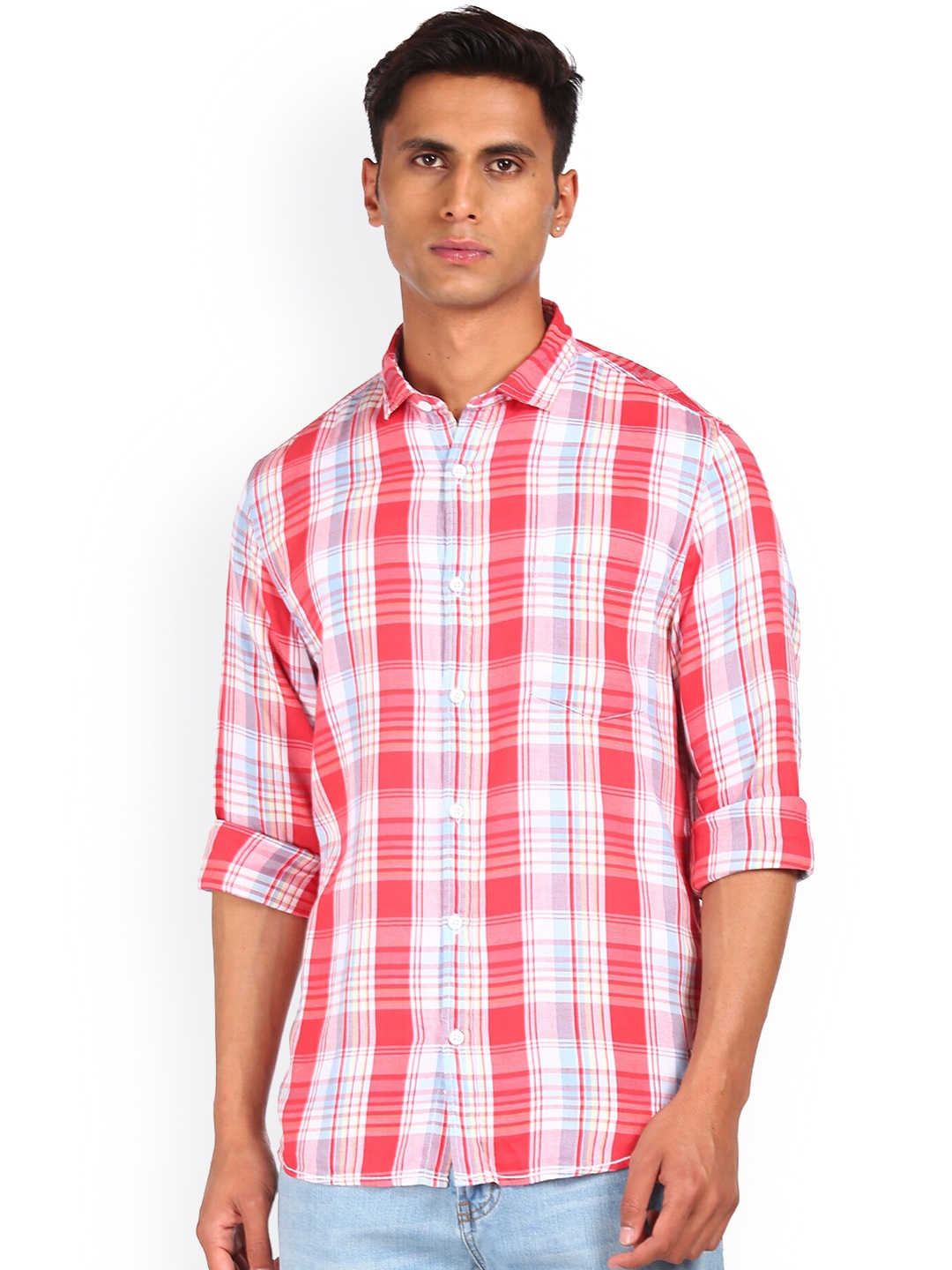 

Cherokee Men Red & White Tartan Checks Opaque Cotton Casual Shirt