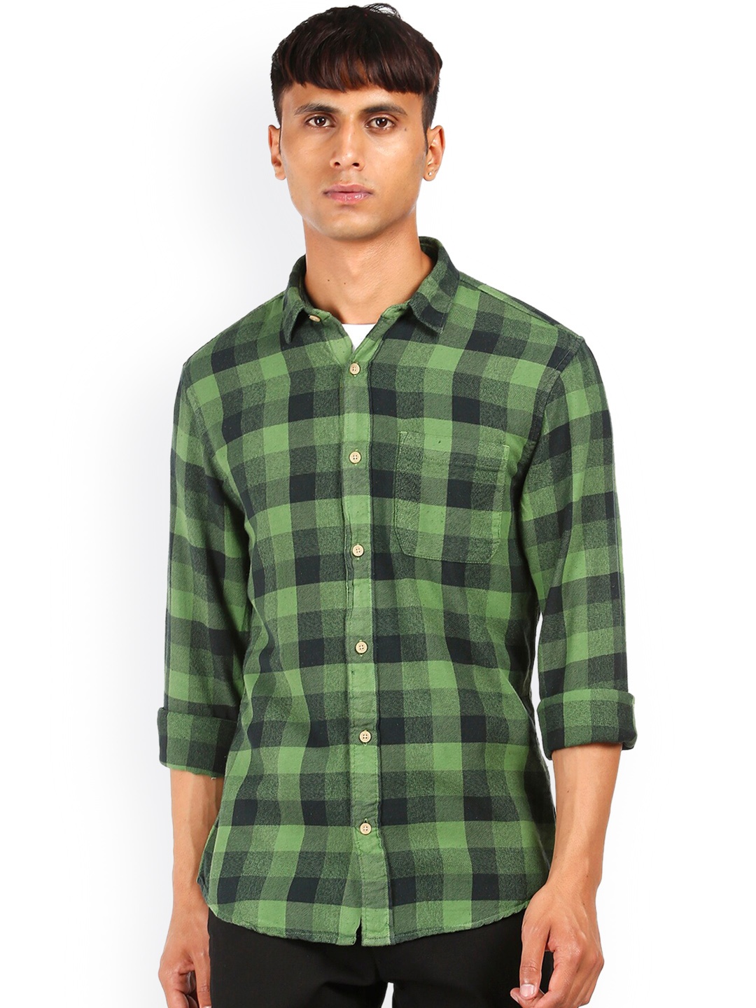 

Cherokee Men Olive Green & Black Solid Slim Fit Buffalo Checks Opaque Cotton Casual Shirt