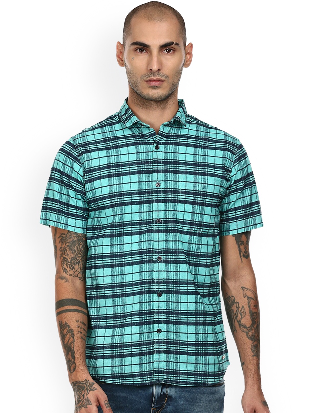 

Cherokee Men Teal & Black Checked Opaque Cotton Casual Shirt