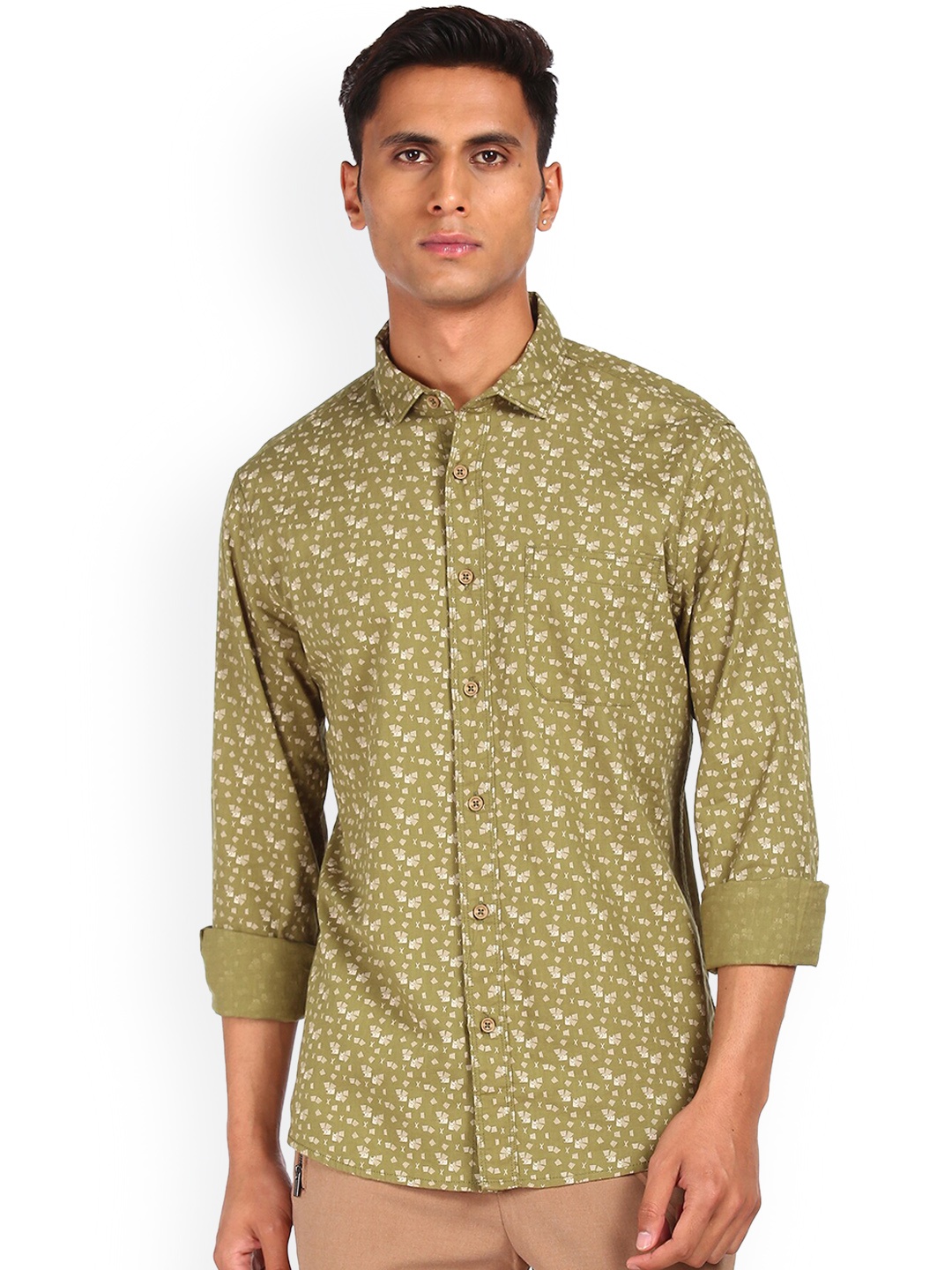 

Cherokee Men Green & White Printed Opaque Cotton Casual Shirt