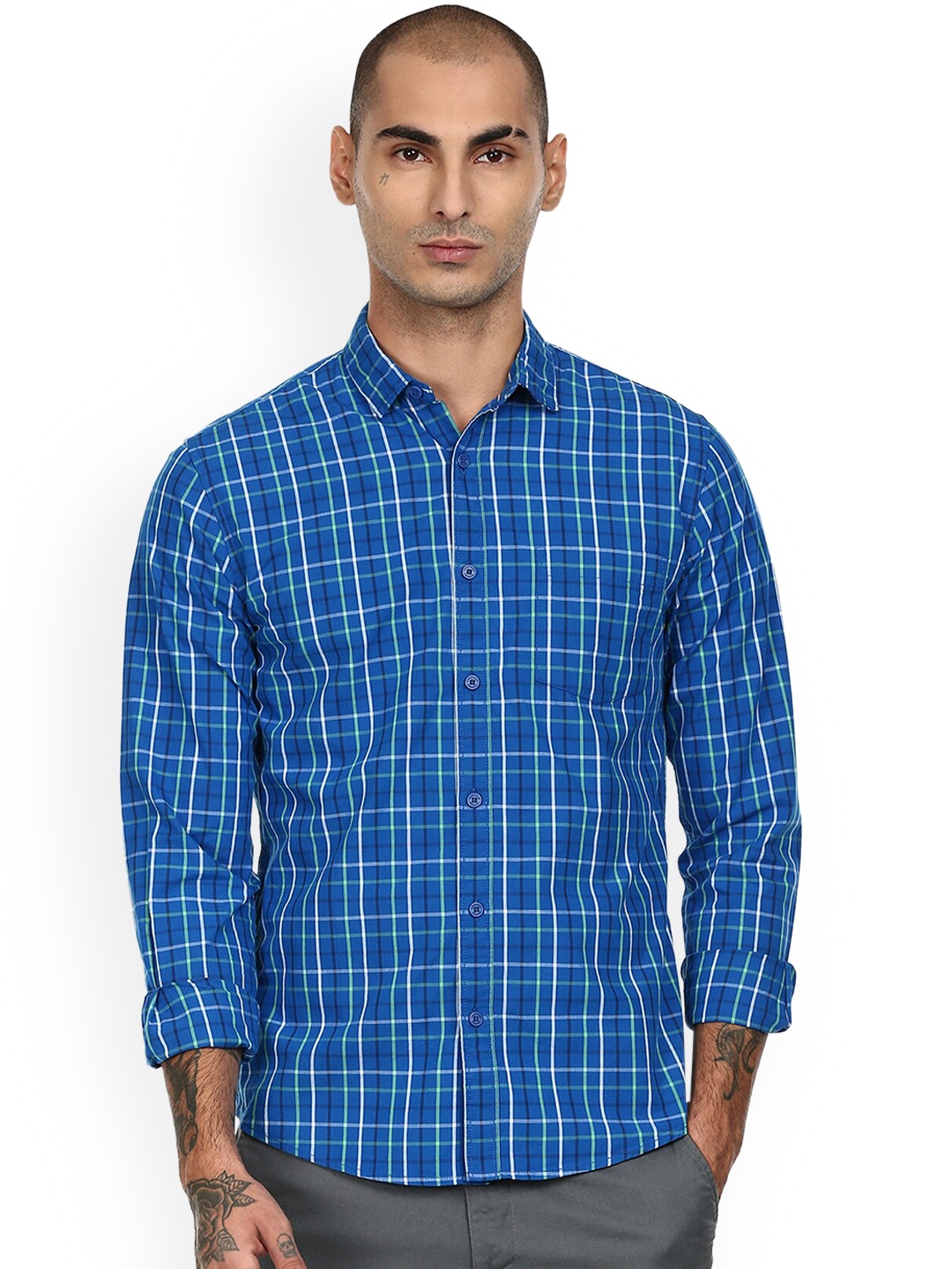 

Cherokee Men Blue & White Checked Opaque Cotton Casual Shirt
